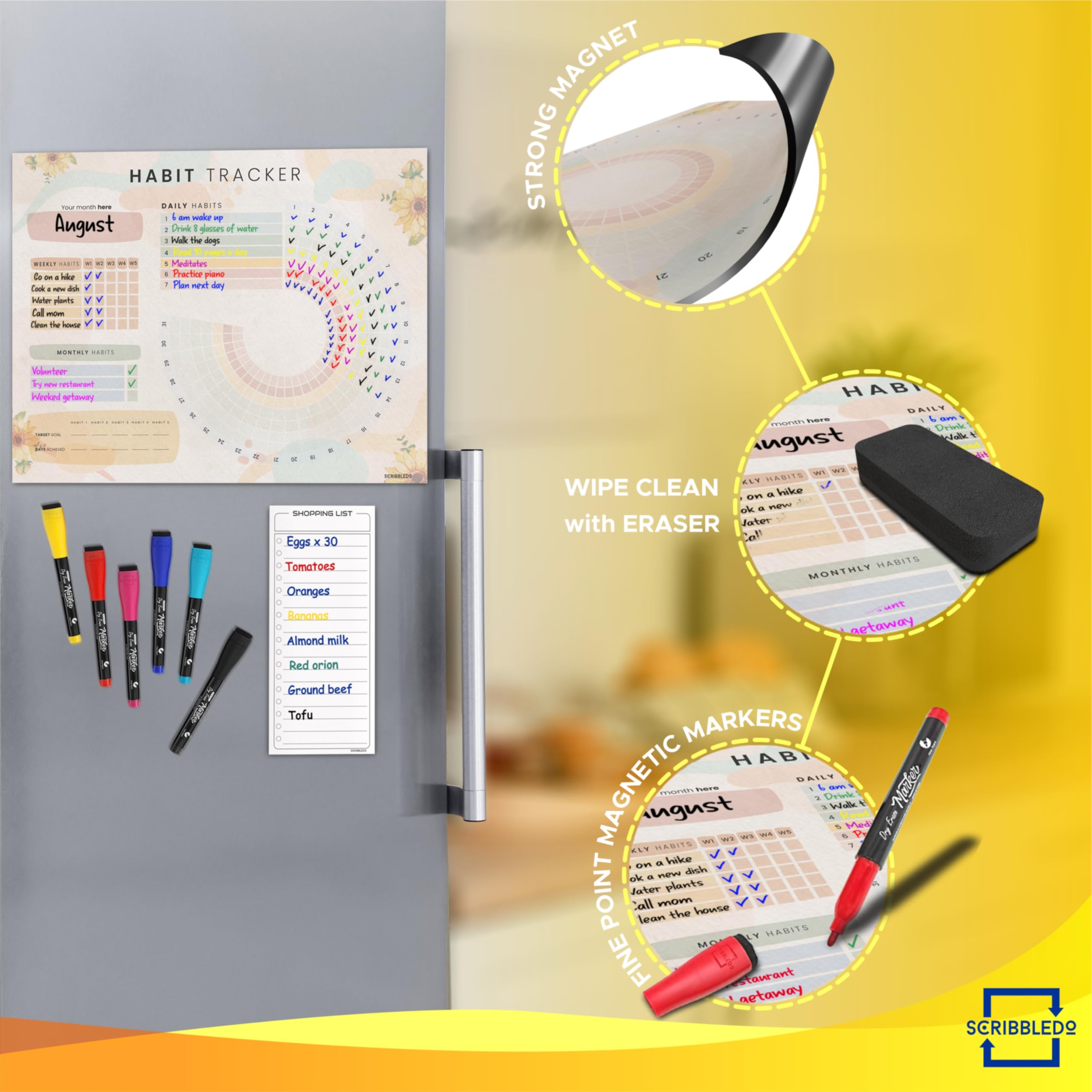 Habit Tracker dziennik treningowy, motywacja, kalendarz na lodówkę, suchościeralny, 33 x 43 cm, magnes zdrowie fitness śledzenie celów, tablica z listą zakupów - 6 markerów w zestawie