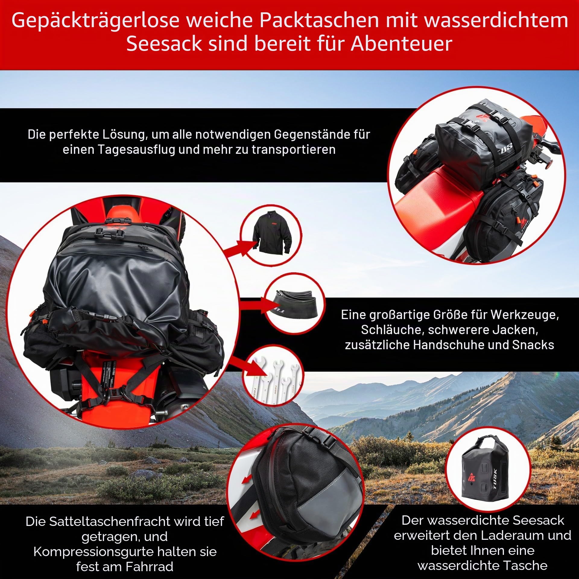 TUSK Traverse Gepäckträgertaschen mit X-Small Dry Duffel Tail Bag