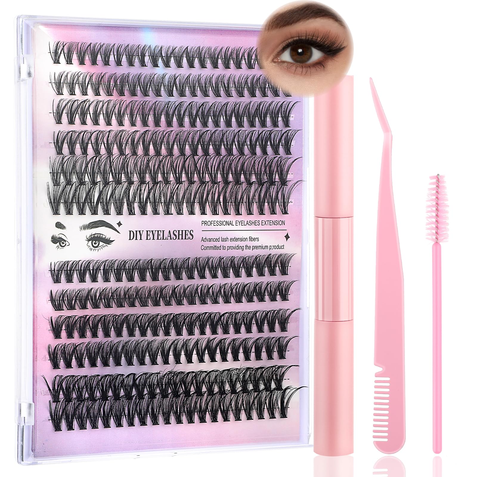 YUXIANLB Wimpernverlängerungsset 240-teiliges Cluster Wimpern Einzelset 10–16 mm Cluster Lashes mit Wimpernkleber Pinzette und Wimpernkämmen für den Selbstgebrauch (30D & 40D Mix Kit)
