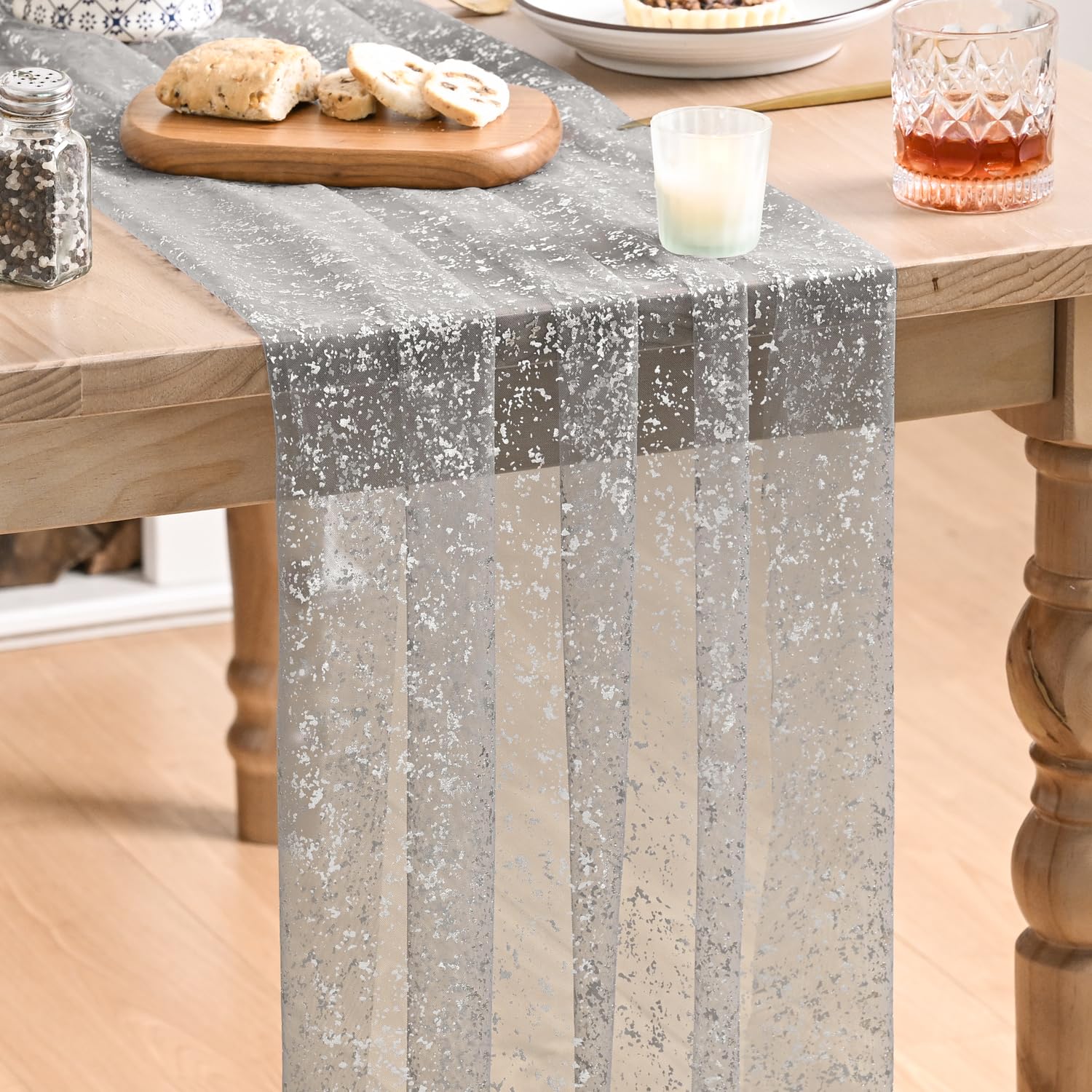 Artoid Mode Grey Gold Gauze Table Runner 120 Inch 10FT, Glitter Metallic Foil Sheer Dining Wedding Anniversary Holiday Birthday Table Decor for Home Party 28" x 120" Grey