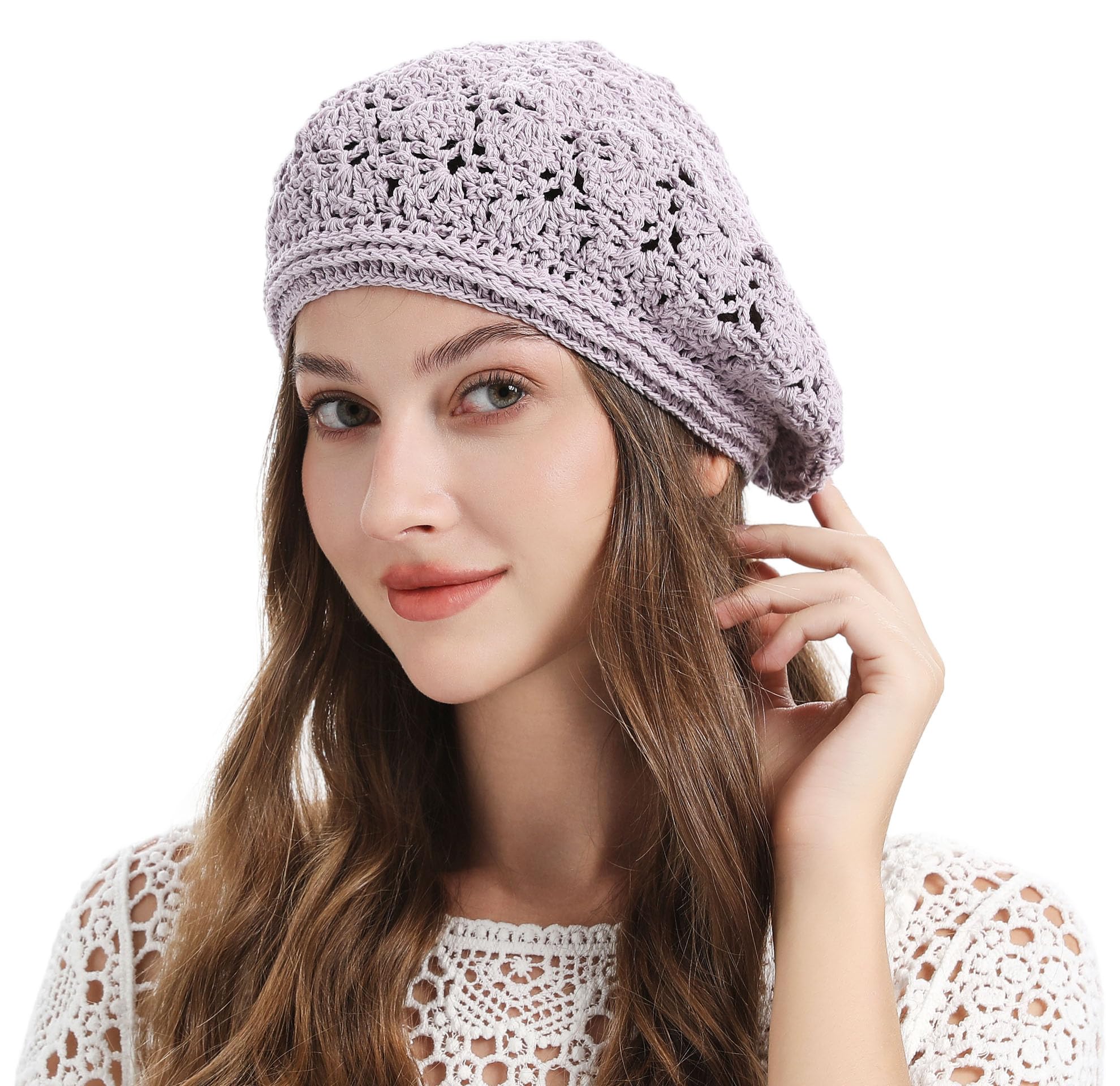 Crochet Beret Hat Handmade Floral Cutout Beanie Slouchy 2 Pieces Floral Crochet Slouchy Beanie Hat Handmade Knit  main image 3