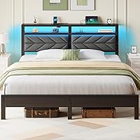 Vista 16 de Seventable Base de cama individual con estación de carga y luces LED, cabecera tapizada con estantes de almacenamiento de 2 niveles, plataforma