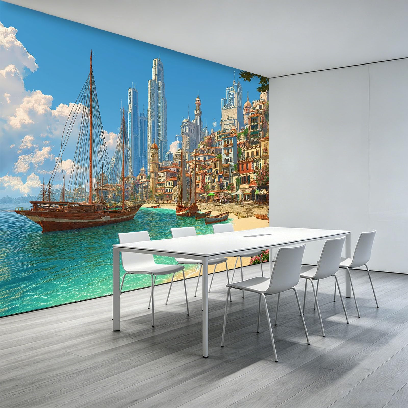 Panoramiczna tapeta plaża scena budynki łodzie 350 x 256 cm tapeta z włókniny, styl anime fresk dekoracja ścienna, do salonu sypialni biura