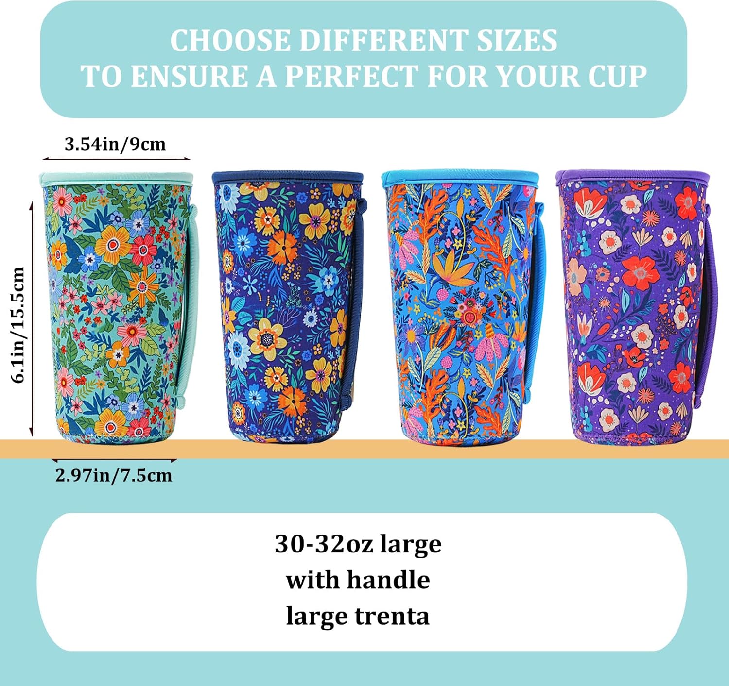 4 Pack Iced Coffee Sleeve,reusable Neoprene Cup Sleeves Suitable For Beverage Sleeves For Hot And Cold Coffee Or Ice Drink Coffee cup sleeve for Starbucks coffee cup (flowers 30-32 OZ) - Image 2