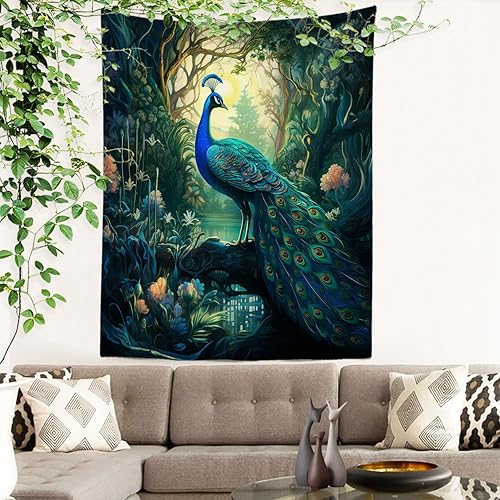 Miniatura 3 de Batmerry Tapiz turquesa pavo real, hojas verdes, torre de templo natural, arte de pared, decoración para colgar, fibra de poliéster, blanco con