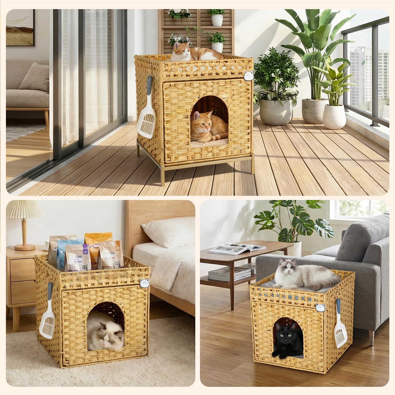 Caja De Arena para Gatos, Casa para Gatos Tejida A Mano En PE RattáN con Alfombra Y Ganchos S, Mueble De Caja De Arena Oculta para Sala, Dormitorio Y BalcóN, 47X52X59 Cm, Natural