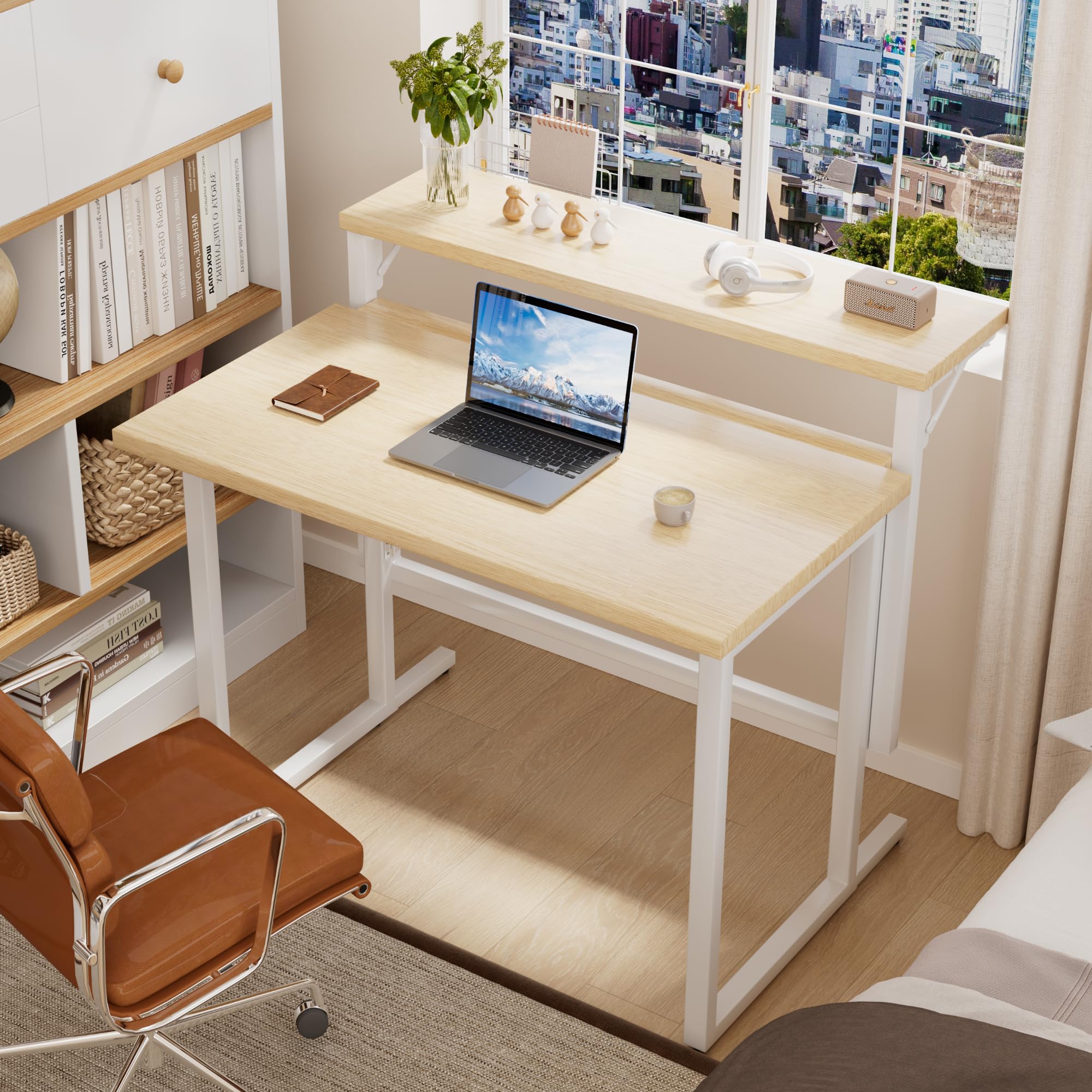 JUMMICO Bureau Pliable 80x62cm, avec Étagère Moniteur, Gain de Place, Beige | Idéal Petits Espaces, Structure Métal Stable, Montage Facile sans Outils, Parfait pour Étudiants & Télétravail