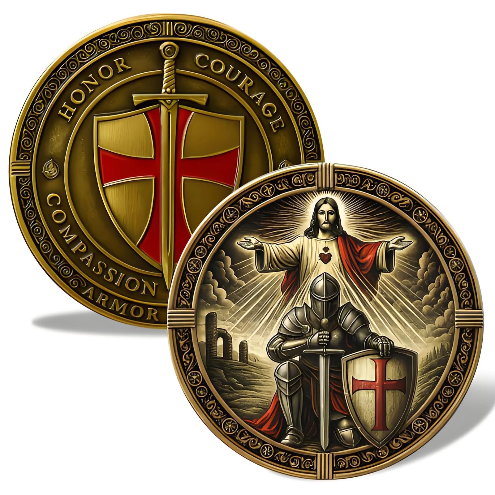 Knight Templar Prayer Coin, Put On The Whole Armor of God Knight Templar Coin, Symbol of Faith & Protection Collectible, Religious Person Gifts for Christians (1pc)