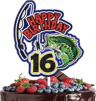 LIANGSS Fishing Cake Topper 16th Birthday - Happy Bass Big Fish Lake Adventure Rod Theme Party Decor for Boys & Girls