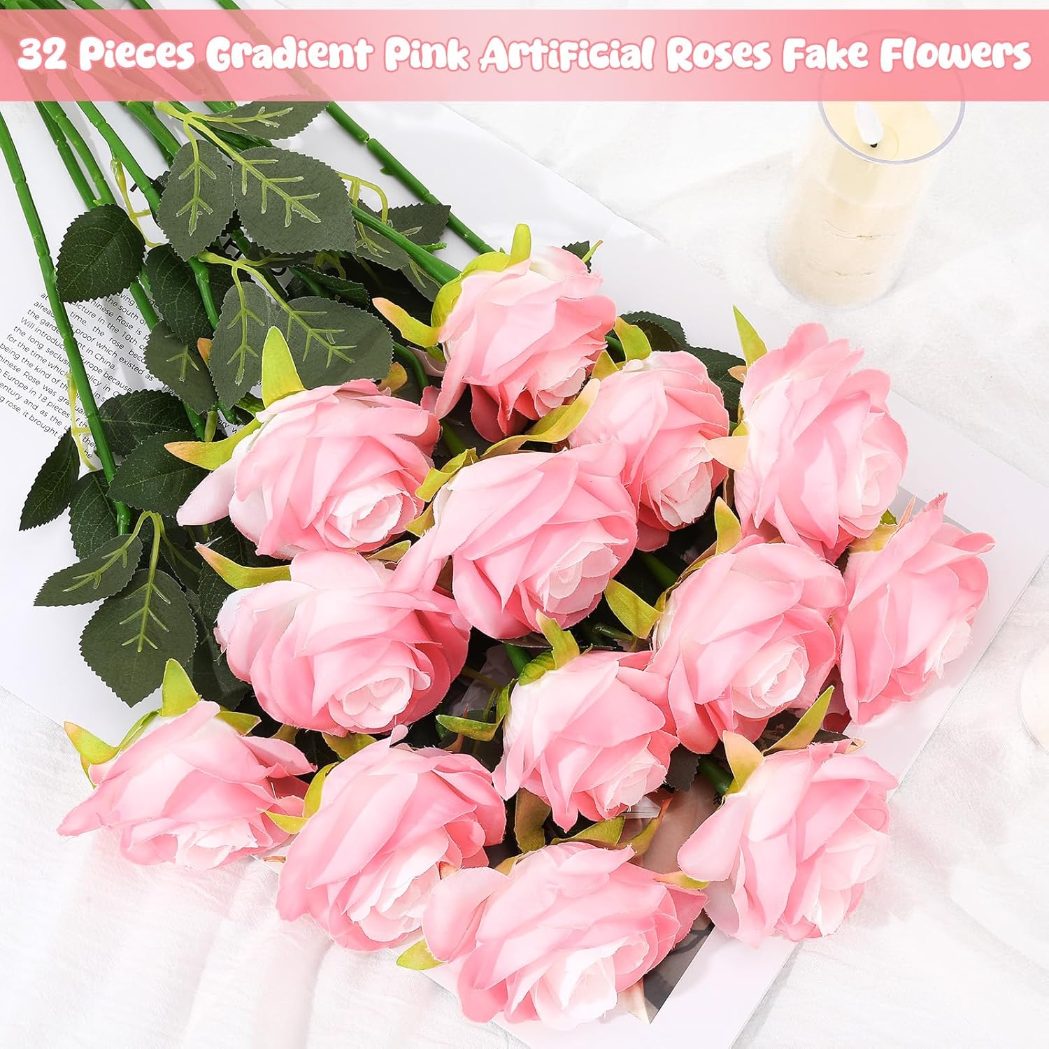 32 Pcs Light Pink Artificial Flowers Bulk, 20" Silk Gradient Blush Pink Real Touch Roses for DIY Wedding Bridal Bouquets, Centerpieces, Home Decor - Image 5
