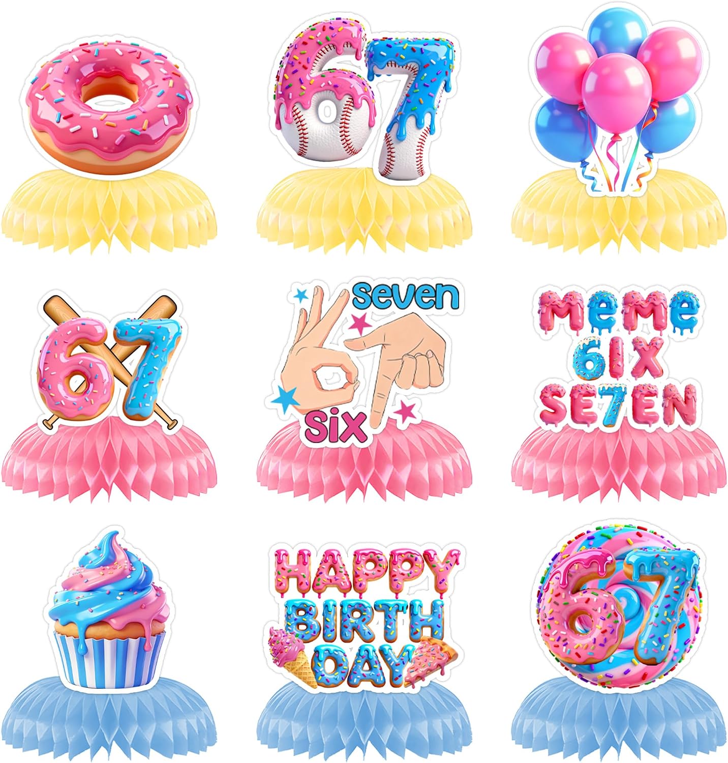 6 7 Birthday Decorations Donut Ice Cream Theme Six Seven Honeycomb Centerpieces Funny 67 Meme Party Table Decor for Kids Teens Adults Meme Lovers Viral Six Seven Birthday Party Supplies