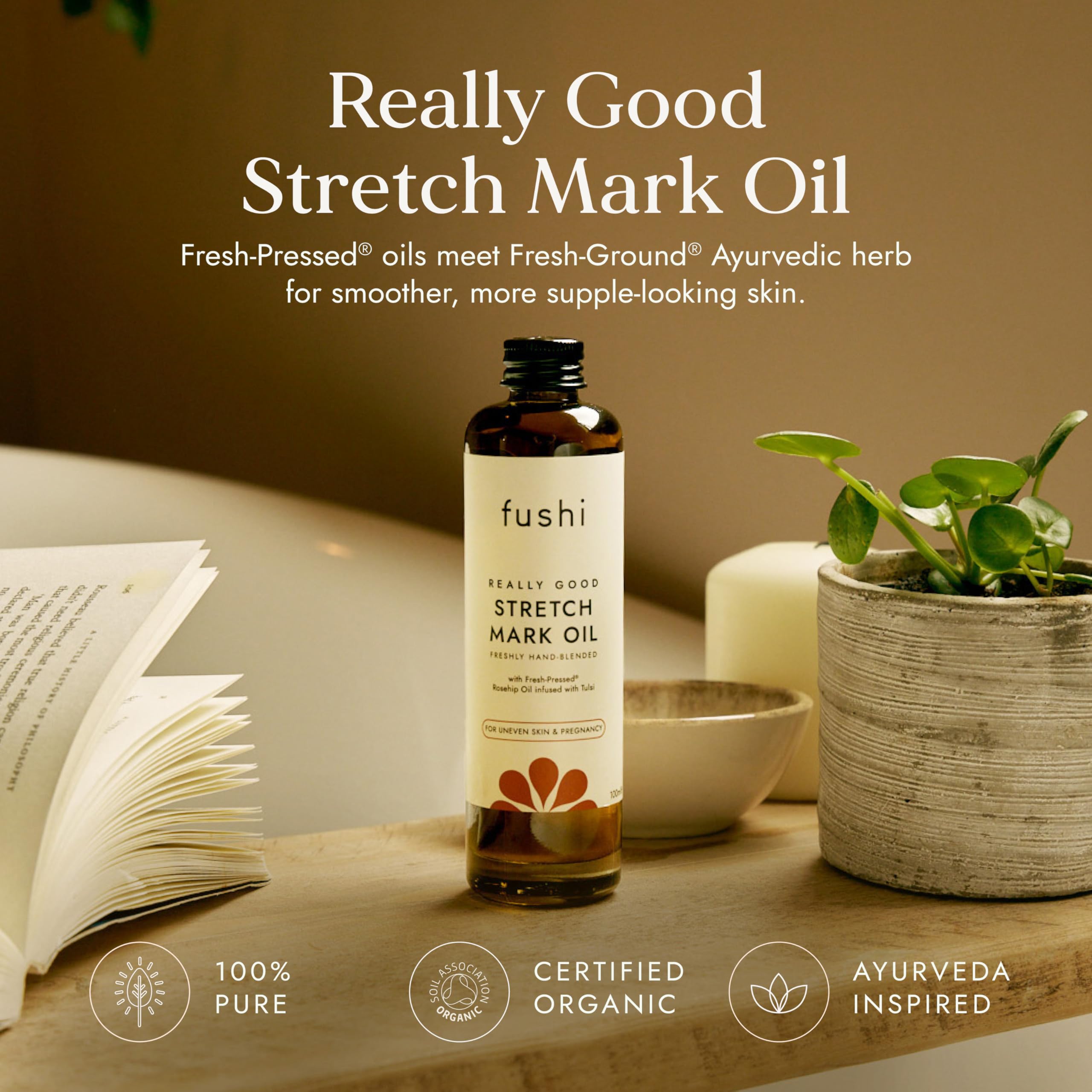 Fushi Really Good - Olio per smagliature da 100 ml, ideale per smagliature, cicatrici, pelle disidratata e tono della pelle irregolare, formulazione naturale senza profumo, tripla forza tulsi indiana | Etical & Vegan