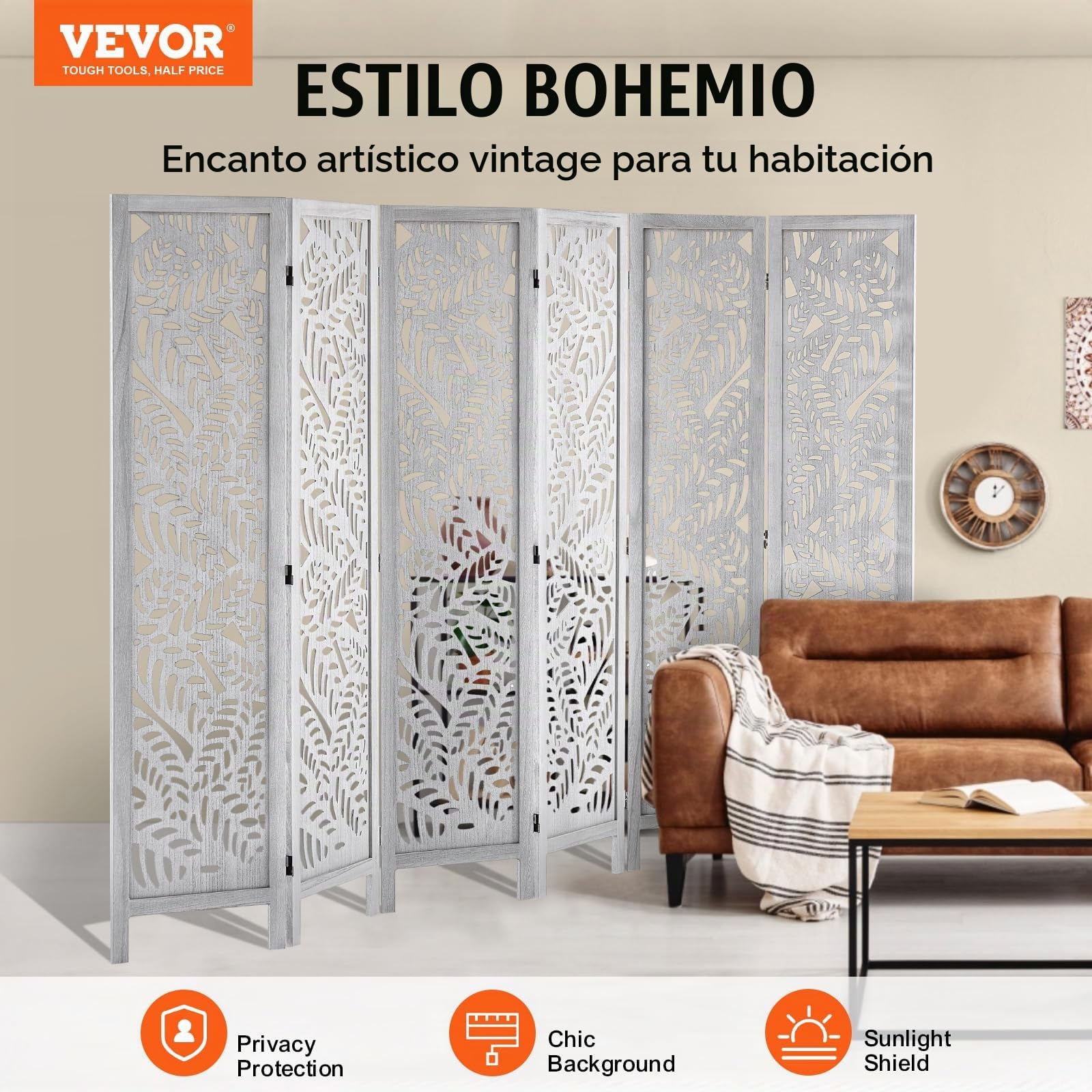VEVOR Pantalla de Madera Portátil de Estilo Bohemio, Biombo Plegable de Madera de 6 Paneles para Privacidad, 2420 x 1700 x 18,5 mm para Separar Habitaciones, Hogar, Restaurante y Dormitorio, Blanco