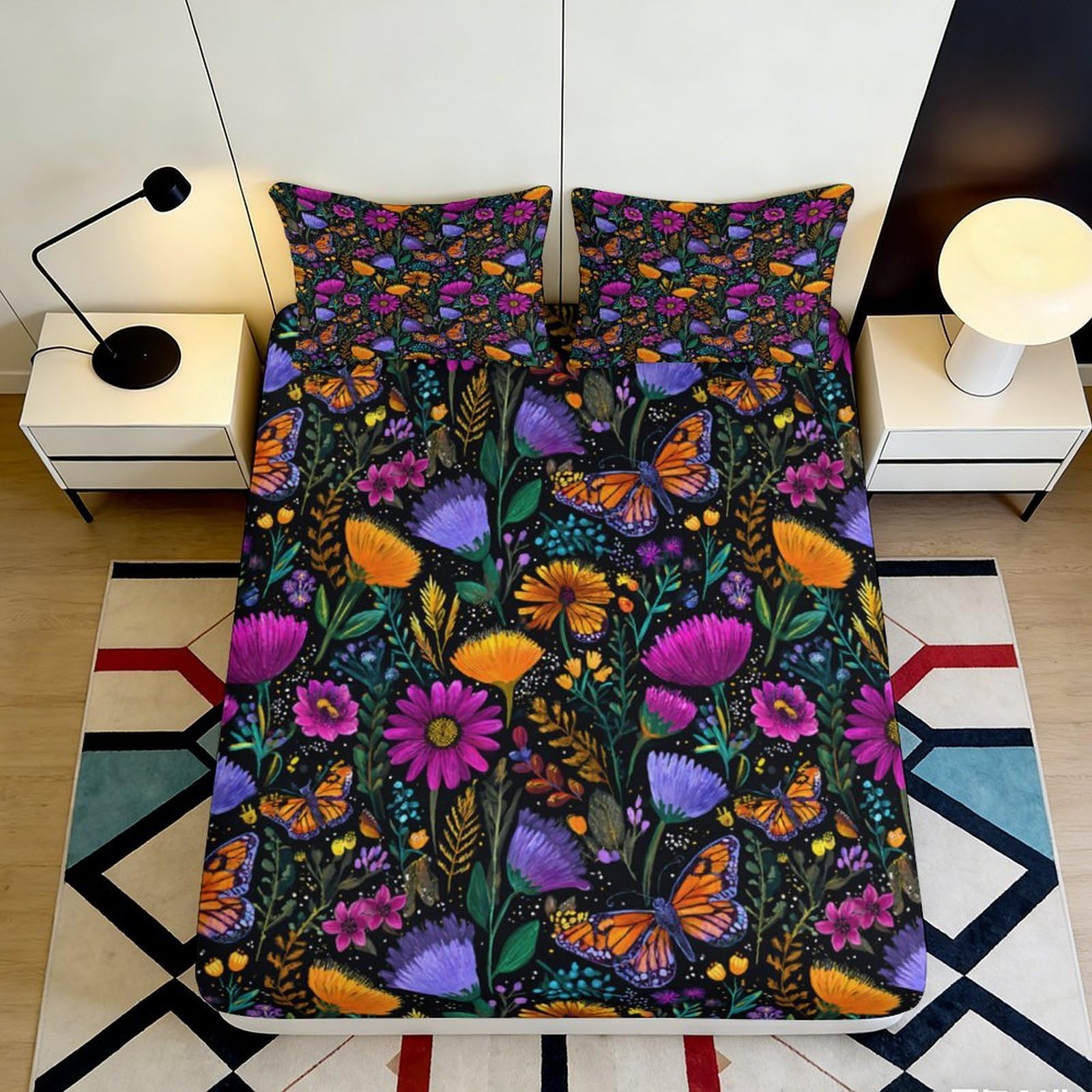 Pnayamiorkfel Style-10 3D Printed Butterfly Floral Fitted Sheet Microfiber Vibrant Flowers Bed Cover Anti-Slip Easy Care For Bedroom Guest Room 90X200x25cm