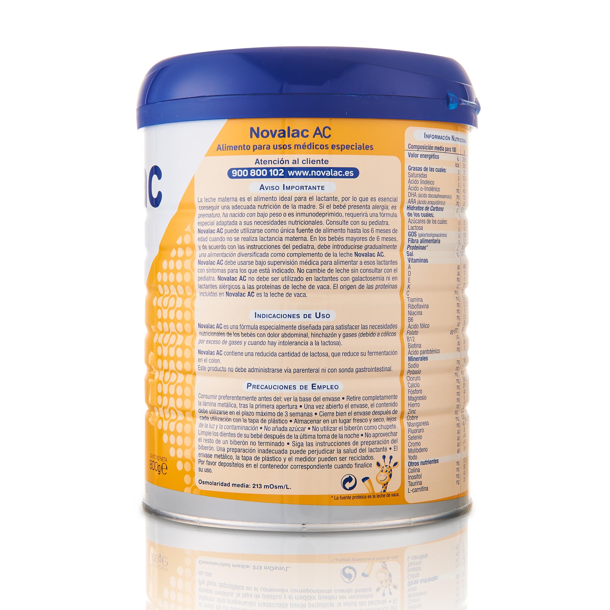 Novalac AC Leche en Polvo 0-36 Meses Bajo Contenido en Lactosa 800 g Fórmula Infantil