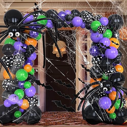 Kit de arco de guirnalda de globos de Halloween con tela de araña y calcomanía de murciélago 3D, globos de araña, globos de araña, globos negros,