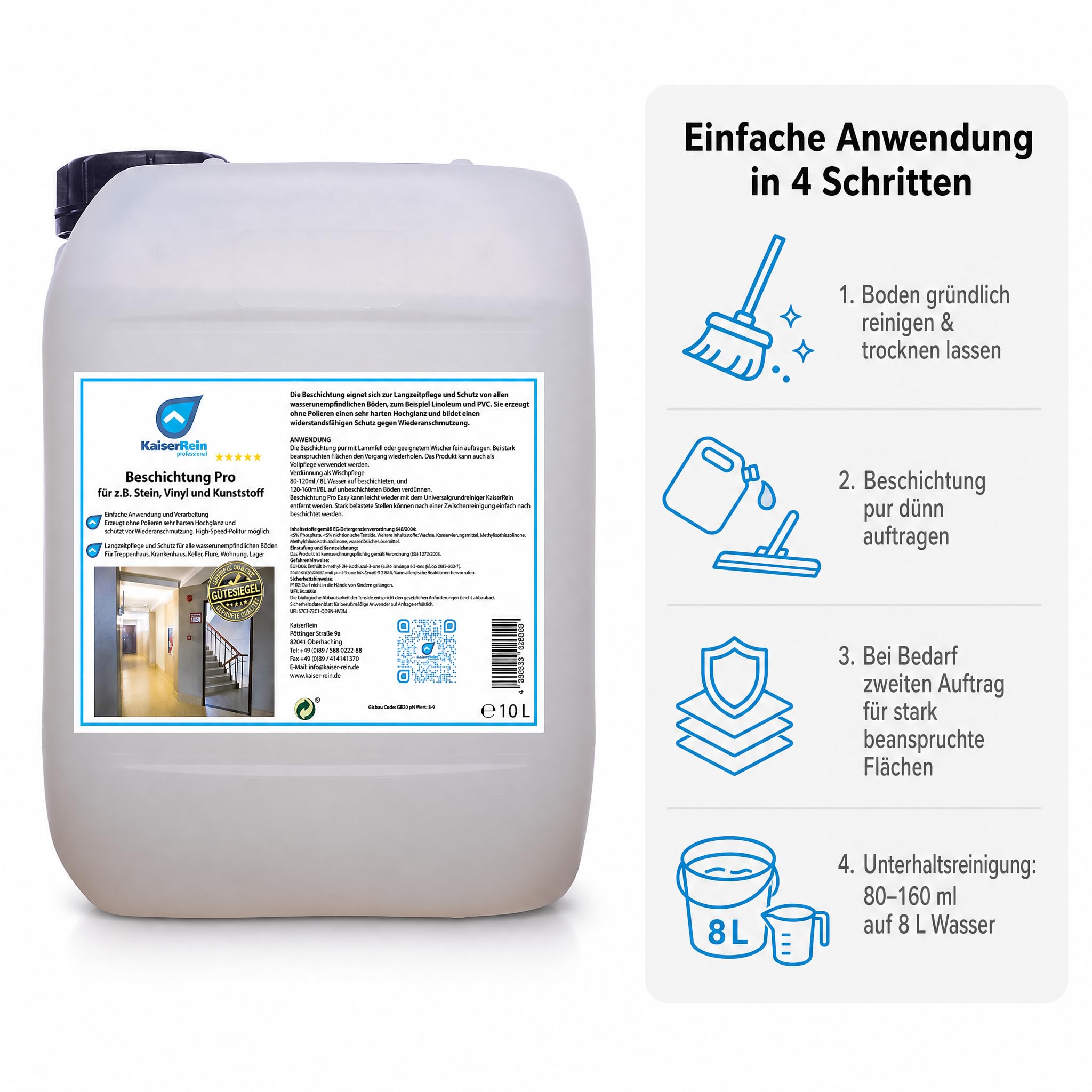 KaiserRein Bodenbeschichtung Beschichtung Pro Easy, Bodenversiegelung für wasserunempfindliche Böden, Hochglanz ohne Polieren, für Vinyl, PVC, Linoleum, Stein & Kunststoff, 10 L