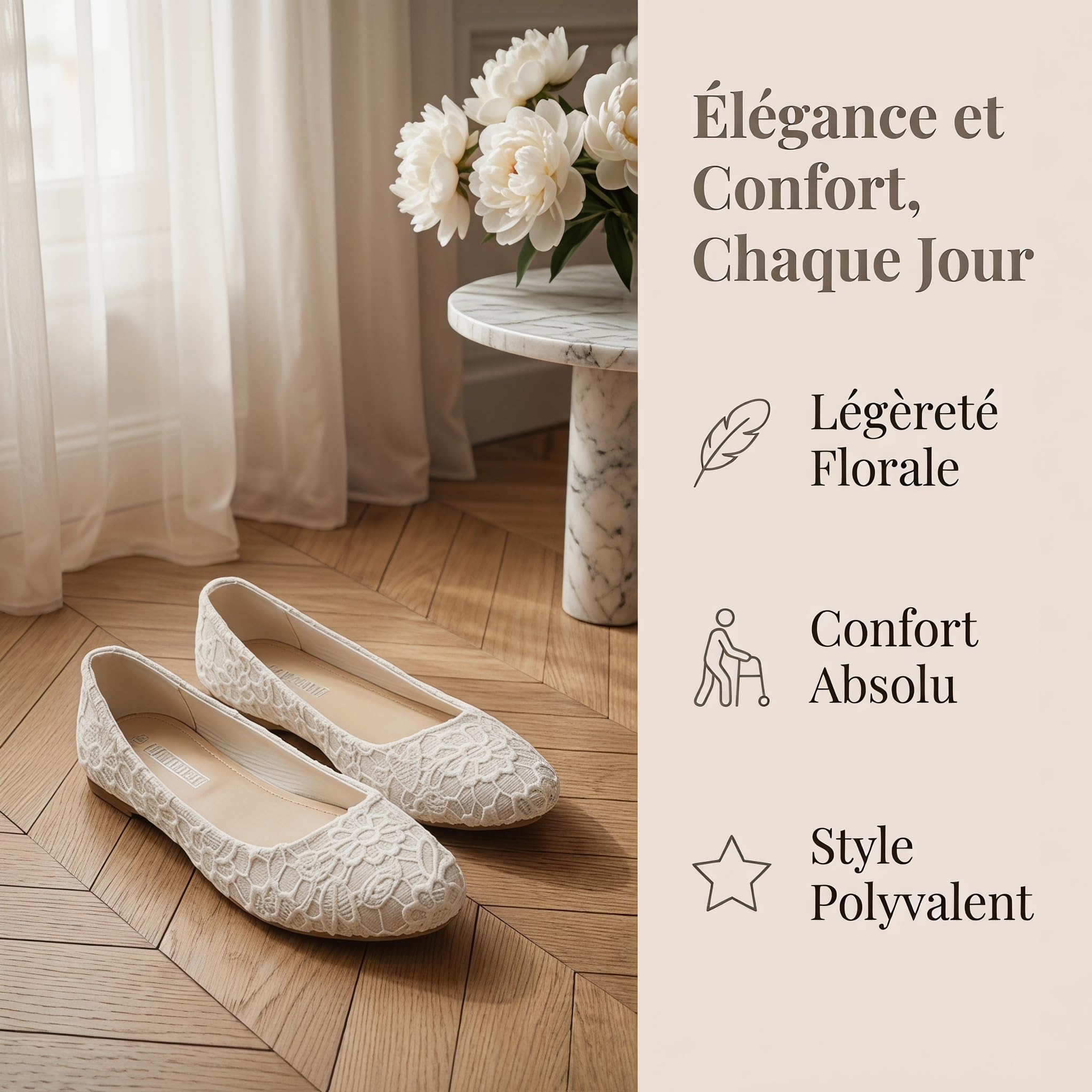 GLAMORA Ballerines Femme Dentelle Ajourée Bout Rond Coupe Étroite Chaussures Plates Respirantes Confortables Légères Souples Élégantes Antidérapantes Slip-on