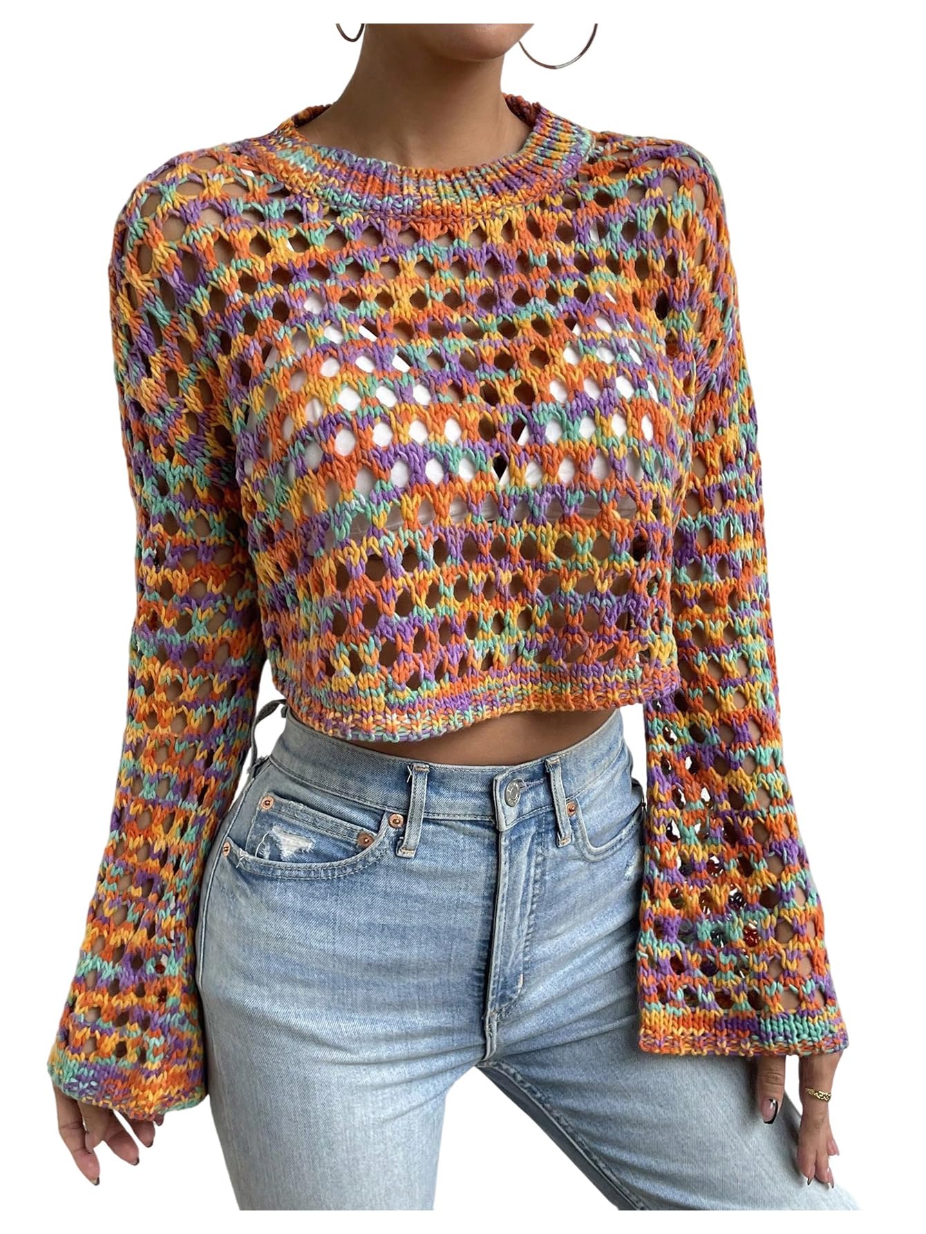 SHENHE Womens Crochet Cropped Sweater Hollow Out Crewneck Colorful Lightweight Knitted Sweater