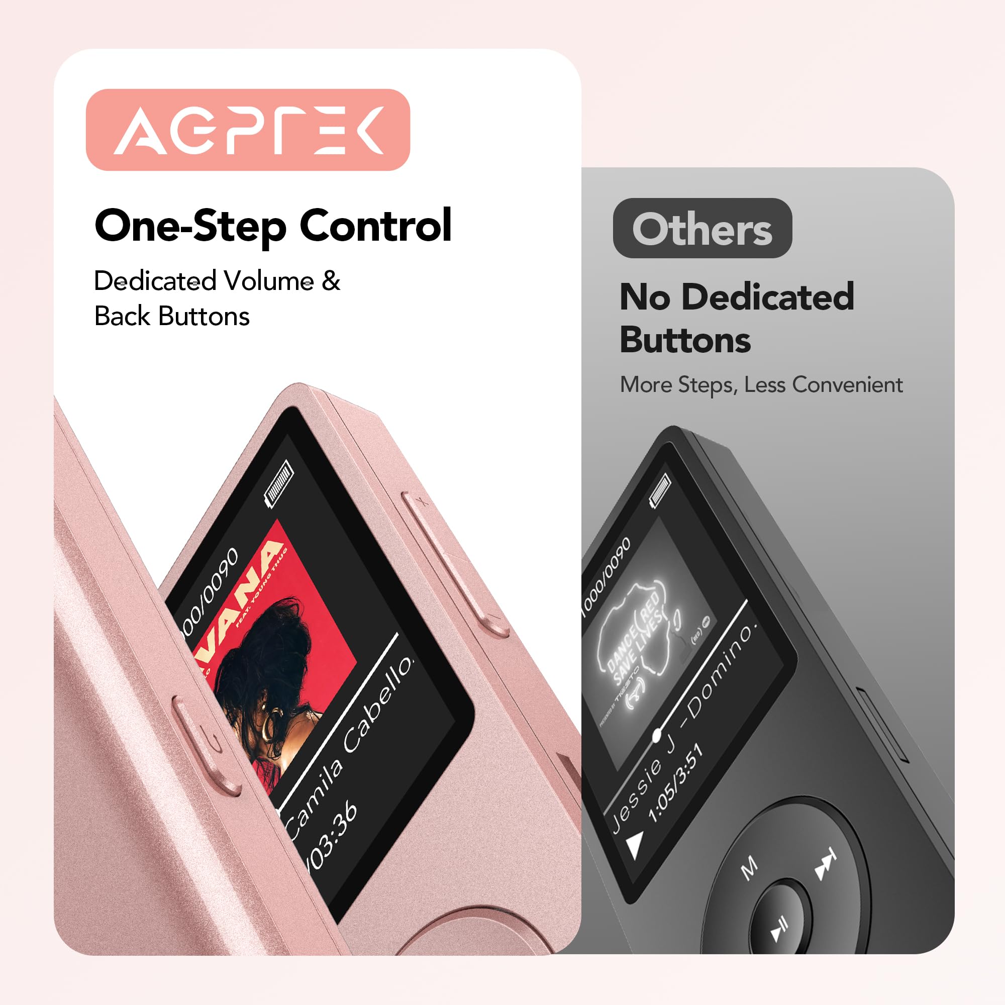 AGPTEK A02PL Reproductor MP3, 70 Horas de reproducción, Reproductor de música con Sonido sin pérdidas, admite hasta 128 GB (Oro Rosa, 64GB)