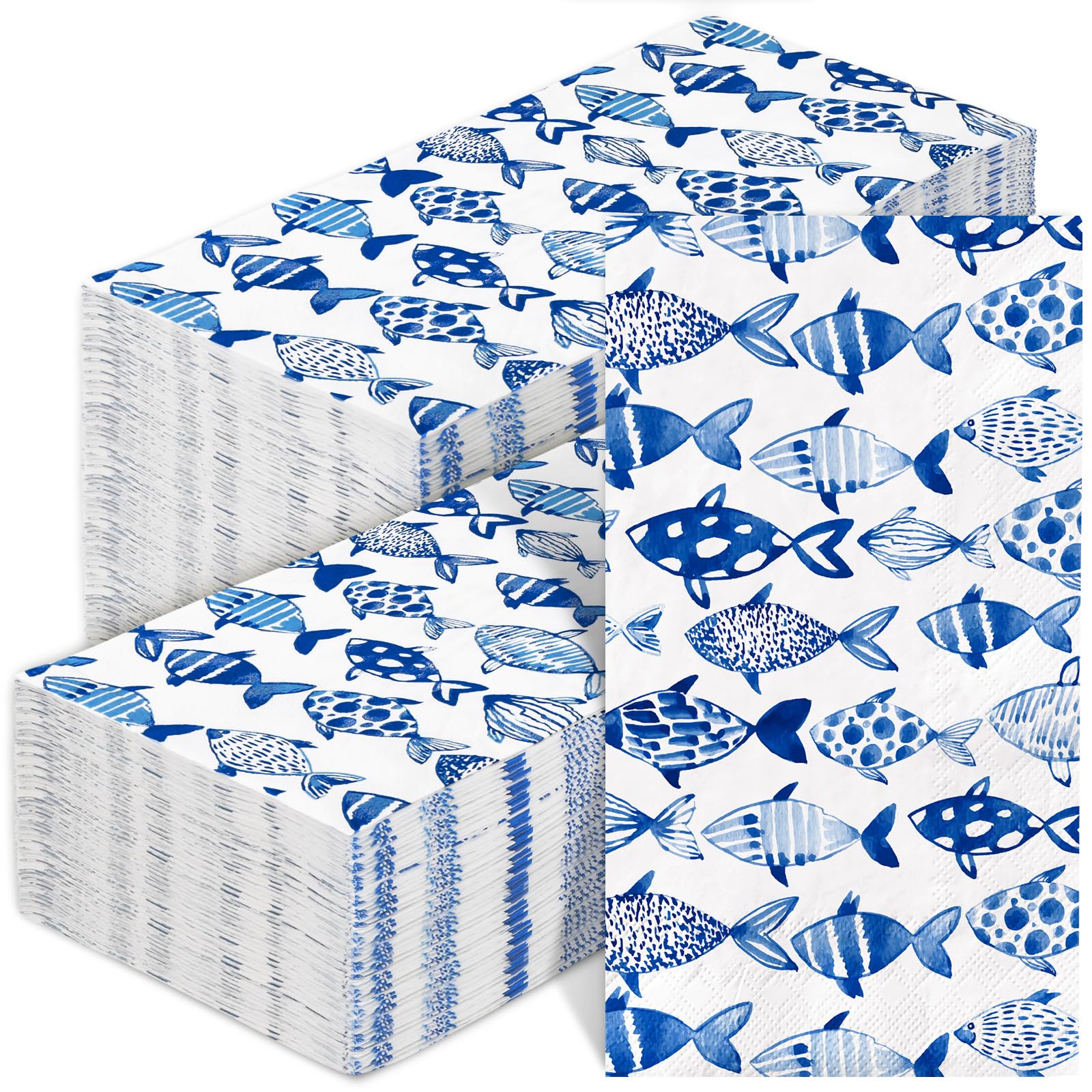 80Pcs Ocean Fish Guest Napkin Blue Watercolor Fish Disposable Paper Napkin Decorative Dinner Hand Towel Napkin for Summer Home Kitchen Bathroom Party
