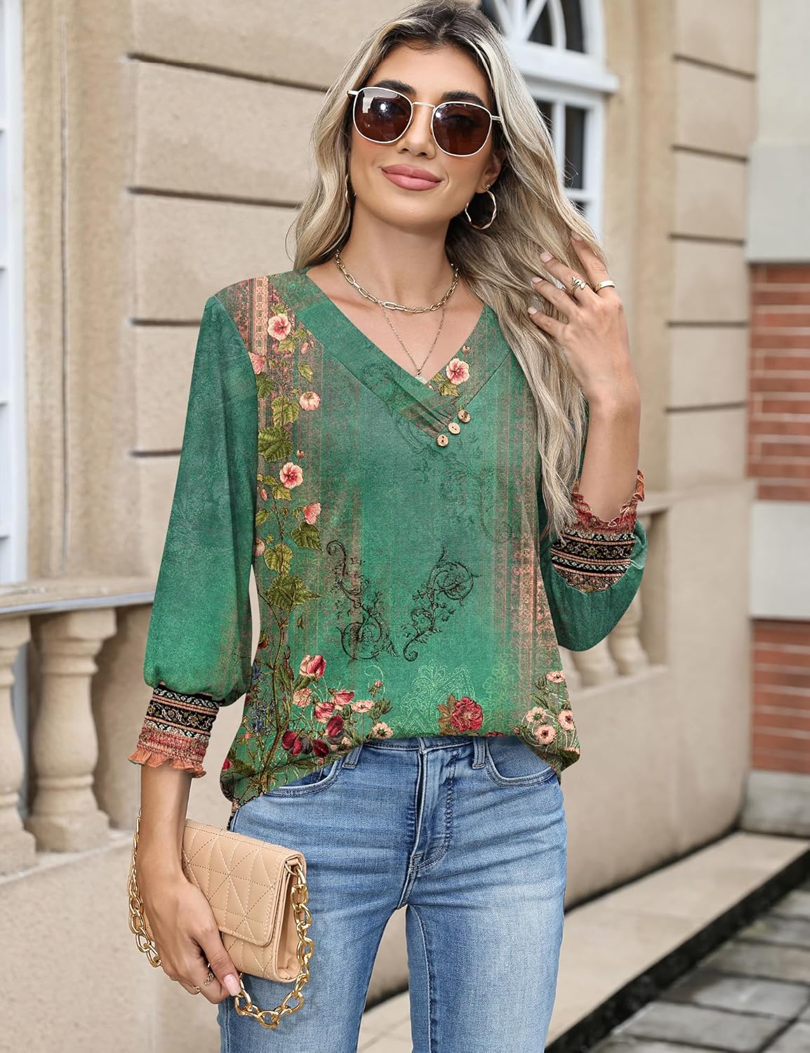 LOMON Blouses for Women Dressy Casual 3/4 Length Sleeve Womens Tops with Buttons Decor - Image 3