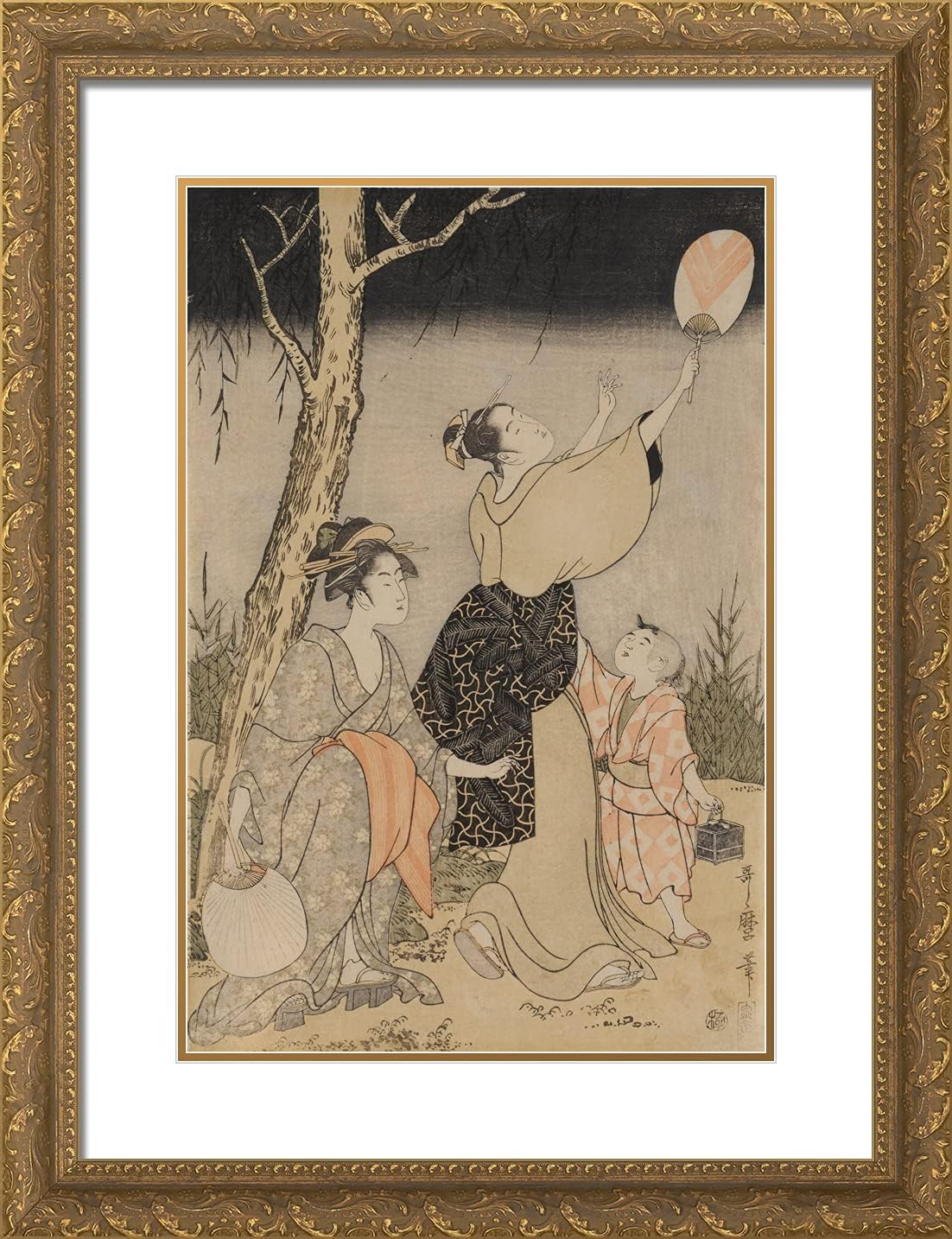 ArtDirect Utamaro, Kitagawa 19x24 Gold Ornate Framed Art Print with Double Matting Titled: Catching Fireflies Beneath a Willow Tree Left