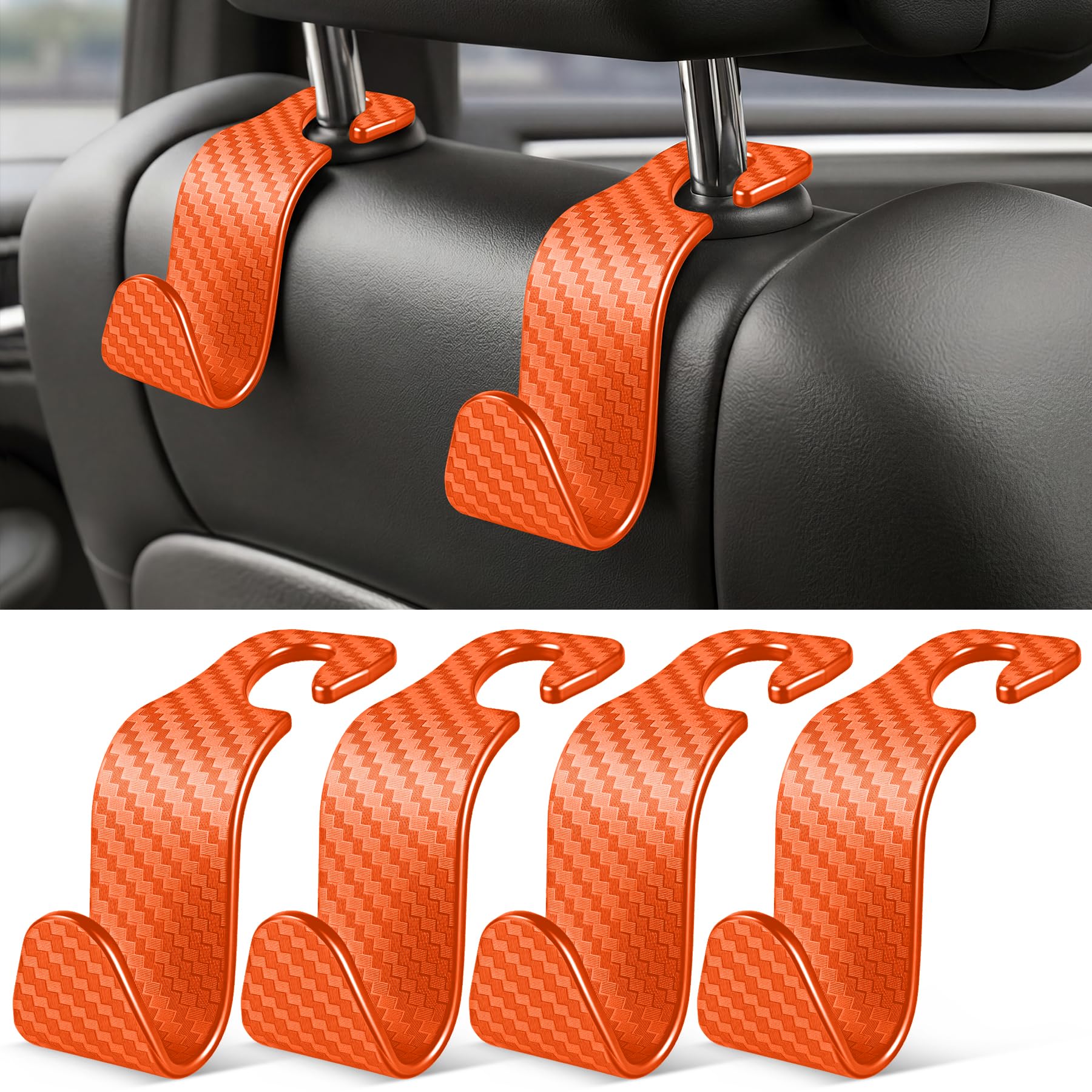 SINGARO Universal 4 Pack Car Seat Headrest Purse Hook, Carbon Fiber Back Seat Hook Storage Organizer Hanger for Purse Handbag Coat, Car Interior Accessories(Orange)