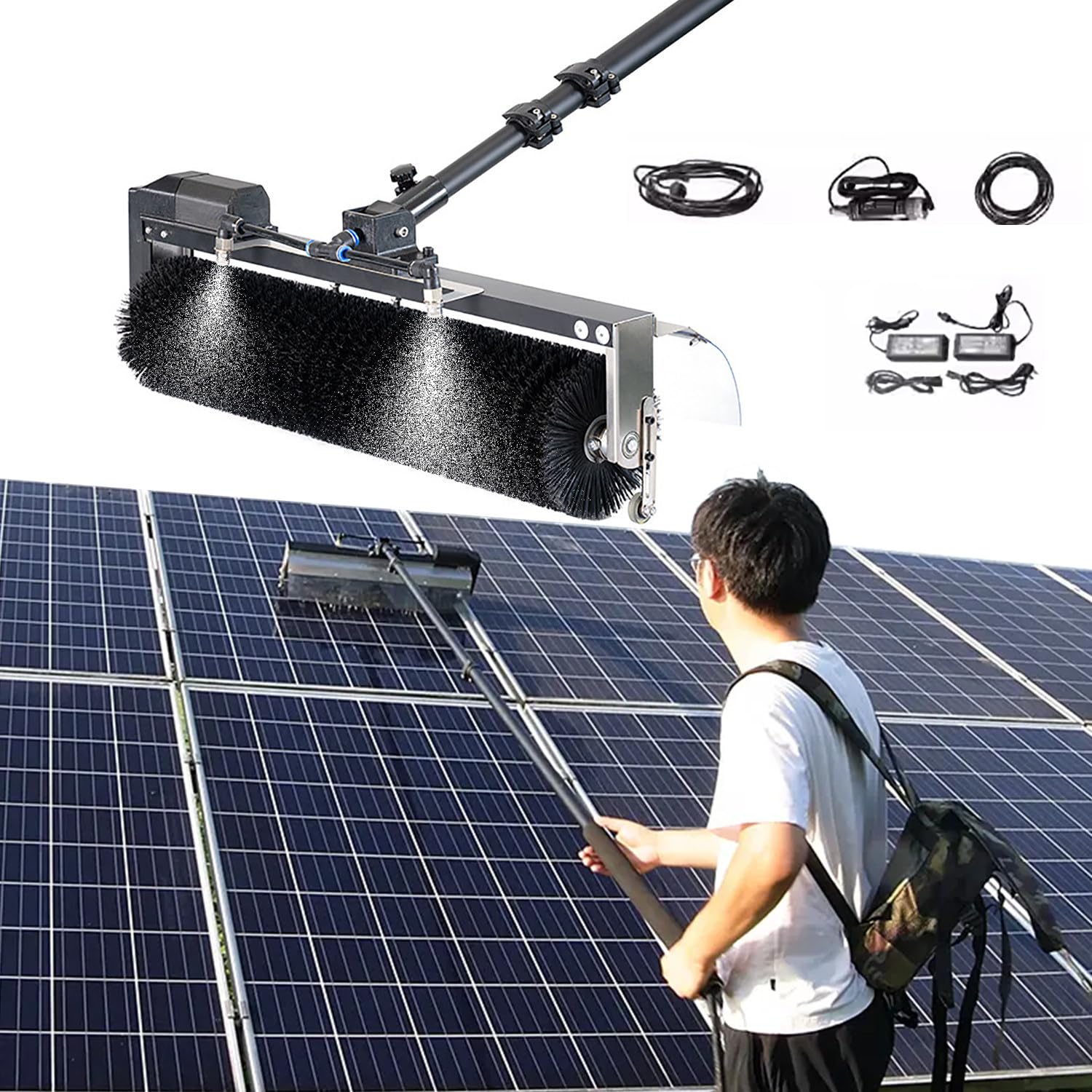 YNBSHGAA Electric Solar Panel Cleaning Roller Brush with Telescopic Rod and Water Hose for Rooftop Maintenance