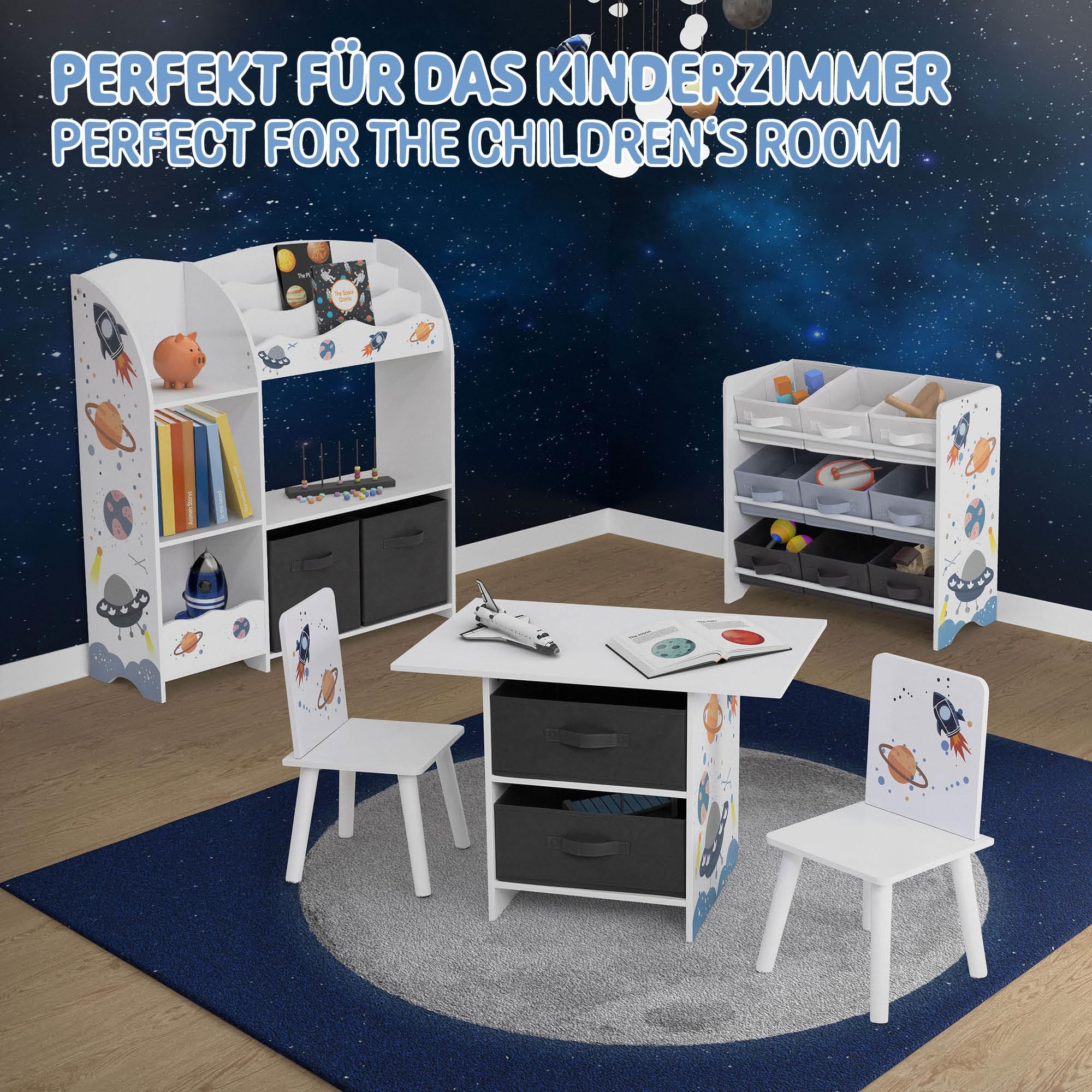 Joyz Libreria per Bambini 62,5 x 29,5 x 60 cm Scaffale con 3 Ripiani Organizzatore per Giocatoli con 9 Scatole in Tessuto Mobiletto per la Stanzina dei Bambini Design con Tematica Spaziale