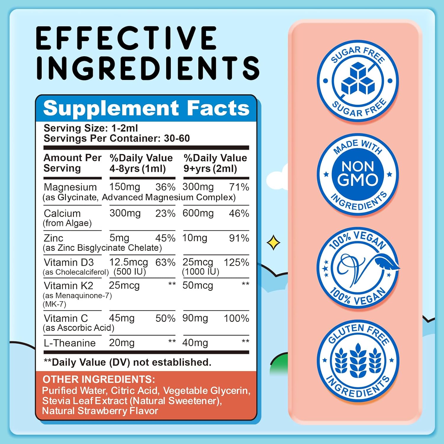 Magnesium for Kids, Kids Magnesium Glycinate Liquid Drops with Calcium, Zinc, L-Theanine, Vitamin D3 K2, C for Sleep, Relaxation, Calm, Focus, Brain,Mood, Bones & Muscles - Strawberry Flavor 2 Pack