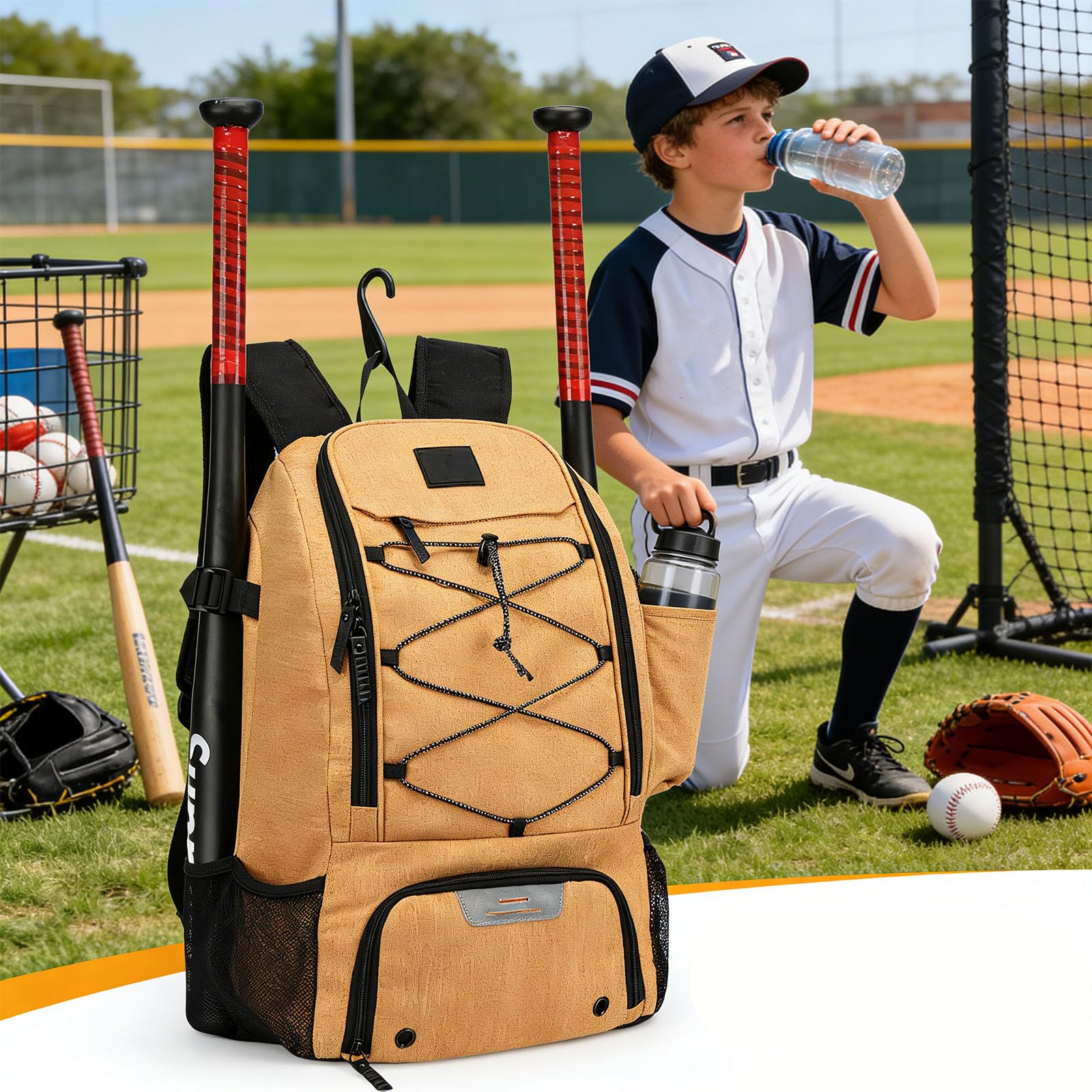 Trendiger und praktischer Baseball Trainingsrucksack mit viel Platz für Schlägerschuhe und andere Gegenstände sowie leicht zu pflegendem Schläger und Handschuhplaner aus Stoff