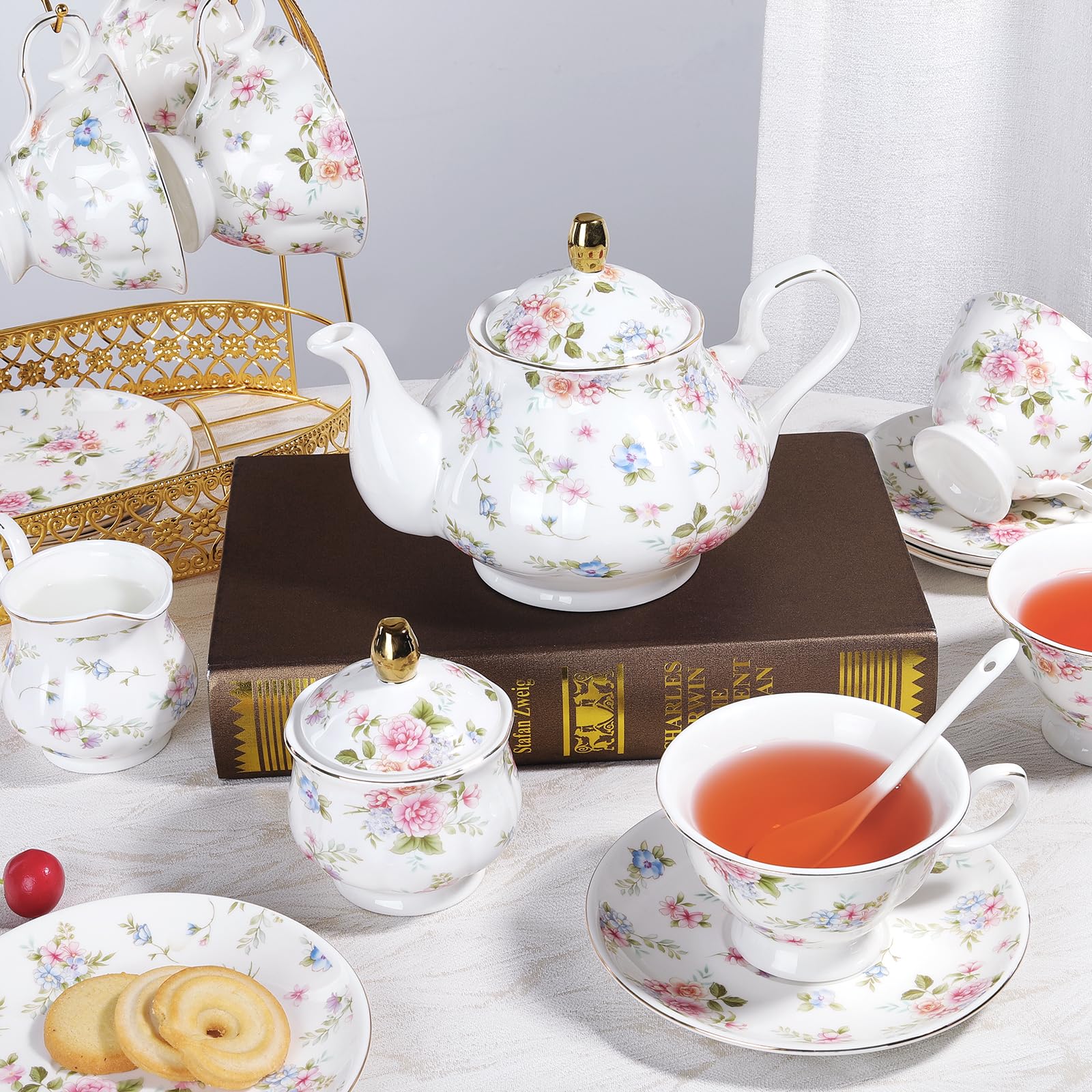 fanquare Zestaw do herbaty z porcelany kościowej z motywem różowych kwiatów i liści, 21 sztuk brytyjski zestaw do kawy z filiżanką i spodem z cukrownicą i łyżeczkami na ślub dla dorosłych