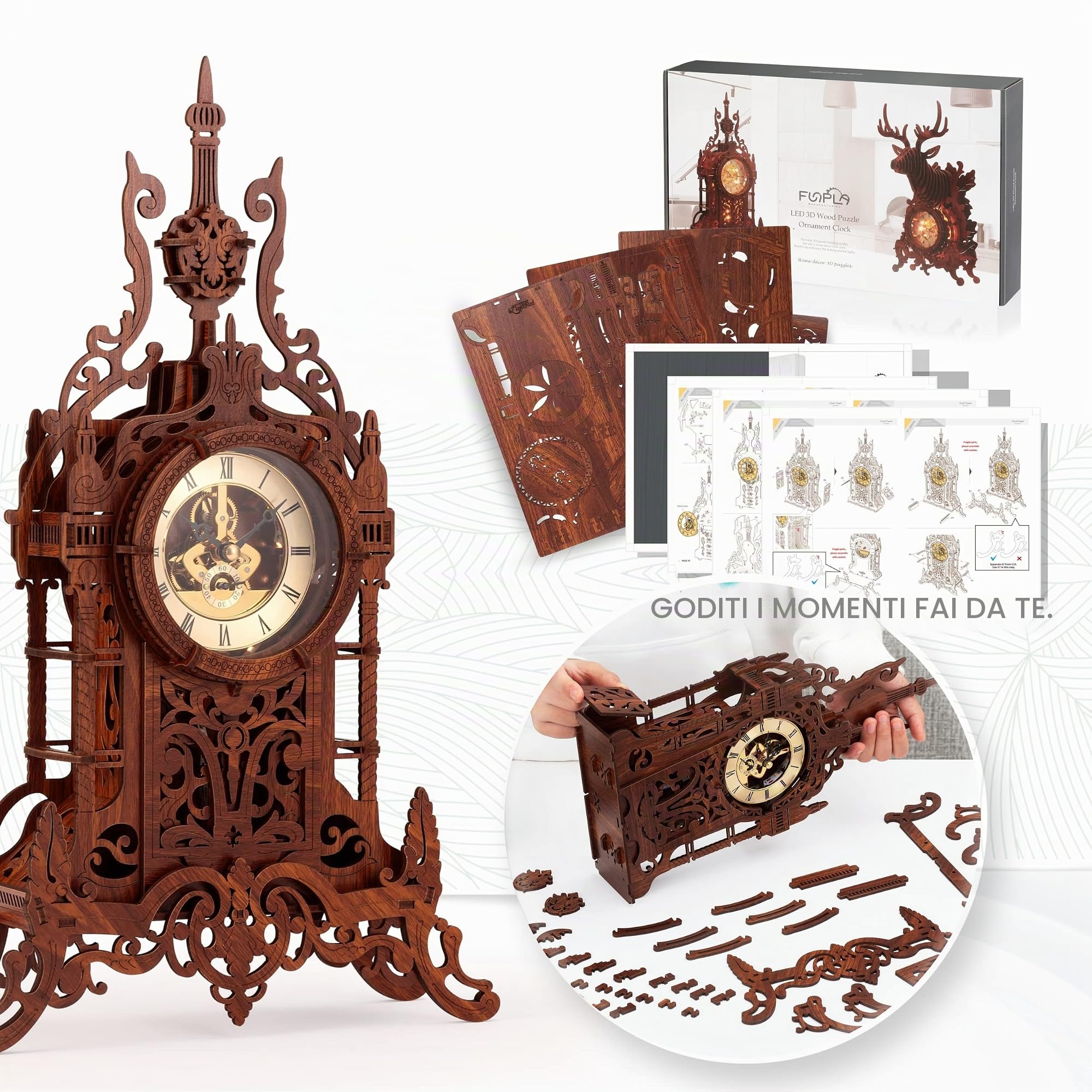 FUNPOLA LED 3D Puzzle in Legno Torre dell'Orologio, Puzzle 3D Modellismo da Costruire Adulti,Puzzle 3D per la Casa Puzzle DIY 3D Kit Orologio (LED-WTC02)
