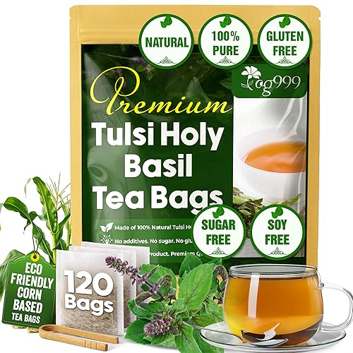 TOG999, 120 bolsas de té de hoja de albahaca sagrada premium, 100% naturales y puras hojas de albahaca santa. Té de hierbas de albahaca sagrada. Sin