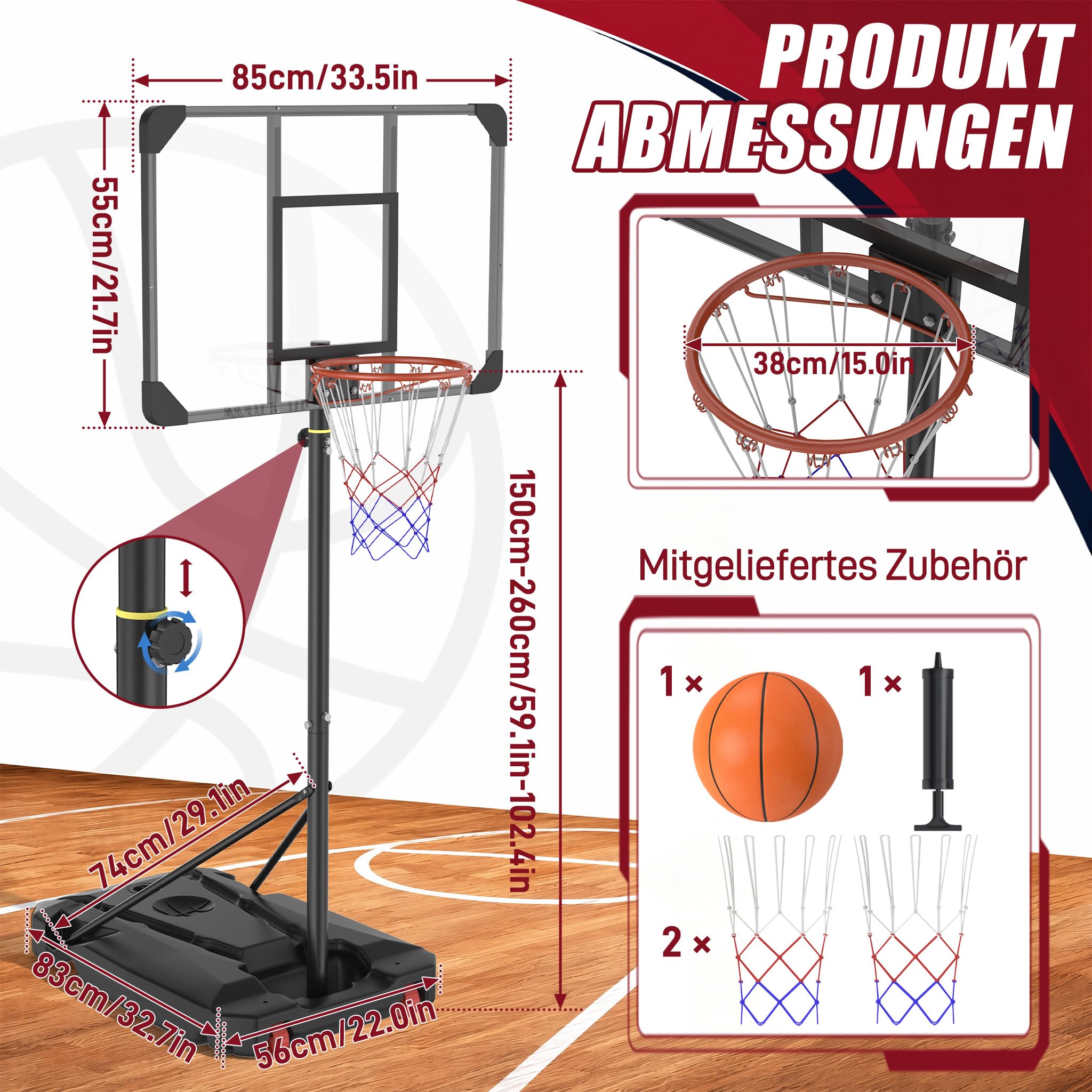 YRHome Basketballkorb PE-Rahmen Outdoor Basketballkorb Nachfüllbare Basis Basketballständer 150-260cm höhenverstellbar mit eingebaute Räder Für Erwachsene