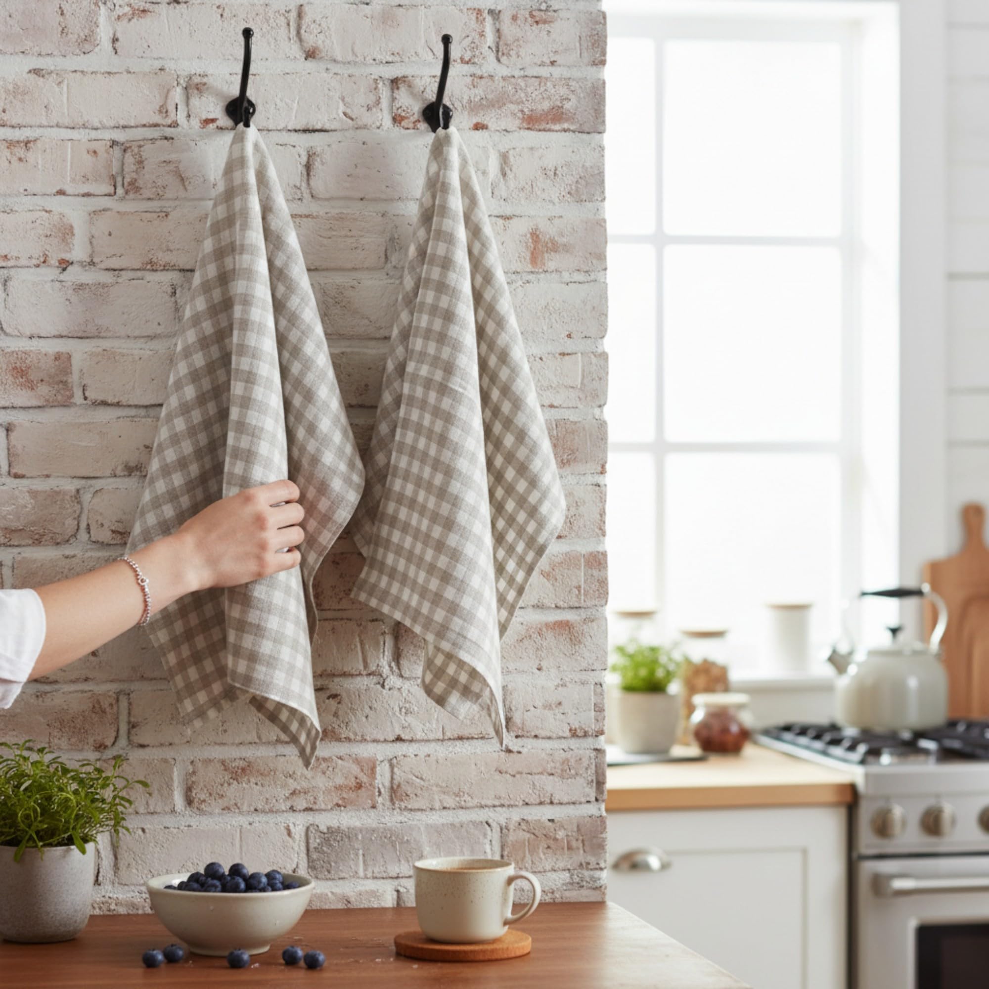 Stonewashed Linen - Strofinacci da cucina in 100% puro lino, 50 x 68 cm, set da 2 (motivo a quadri naturali)