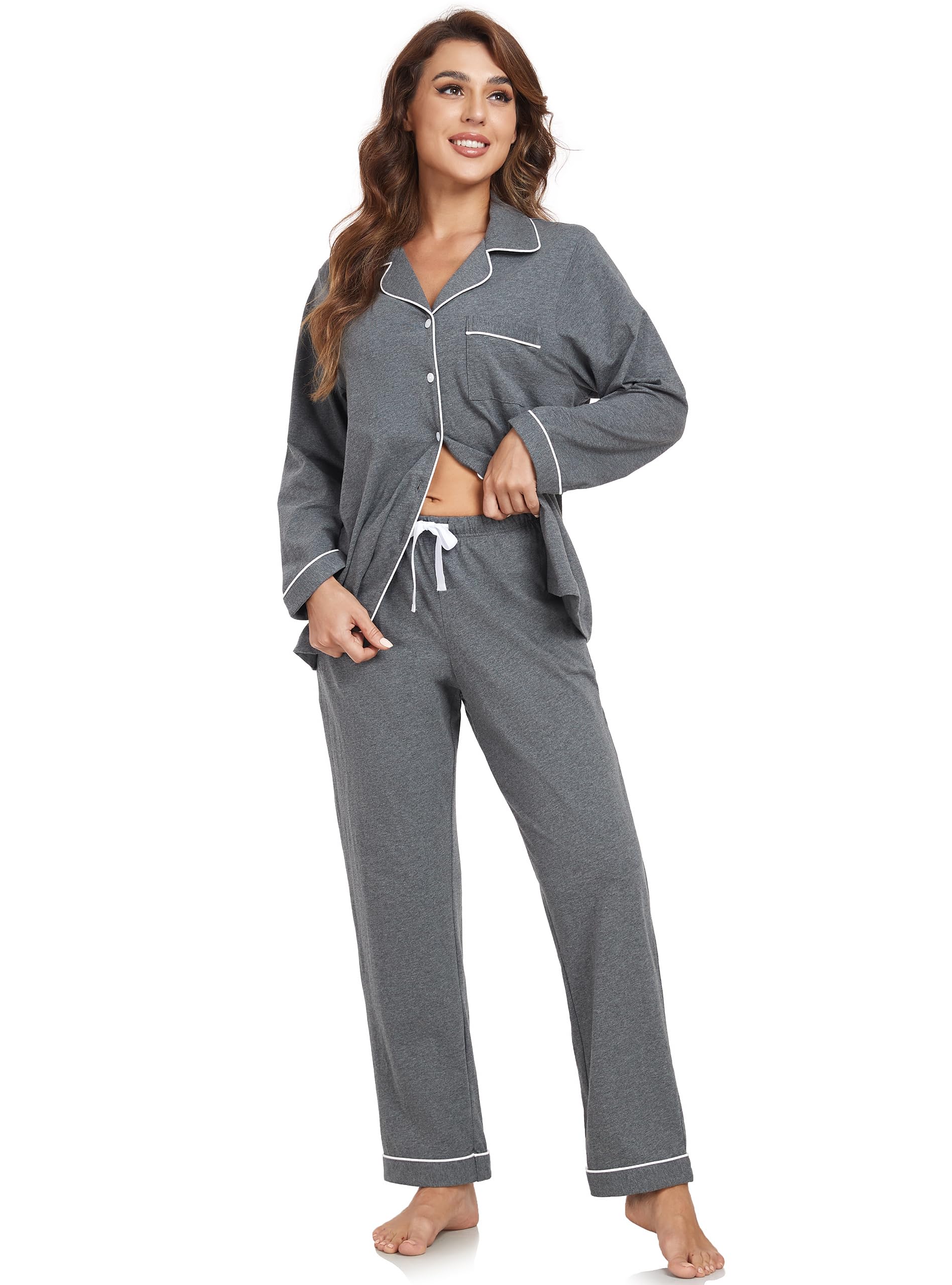 EA'S SECRET Schlafanzug Damen lang 100% Baumwolle Pyjama Sets mit Knopfleiste Langarm Zweiteiliger Nachtwäsche Hausanzug PJs