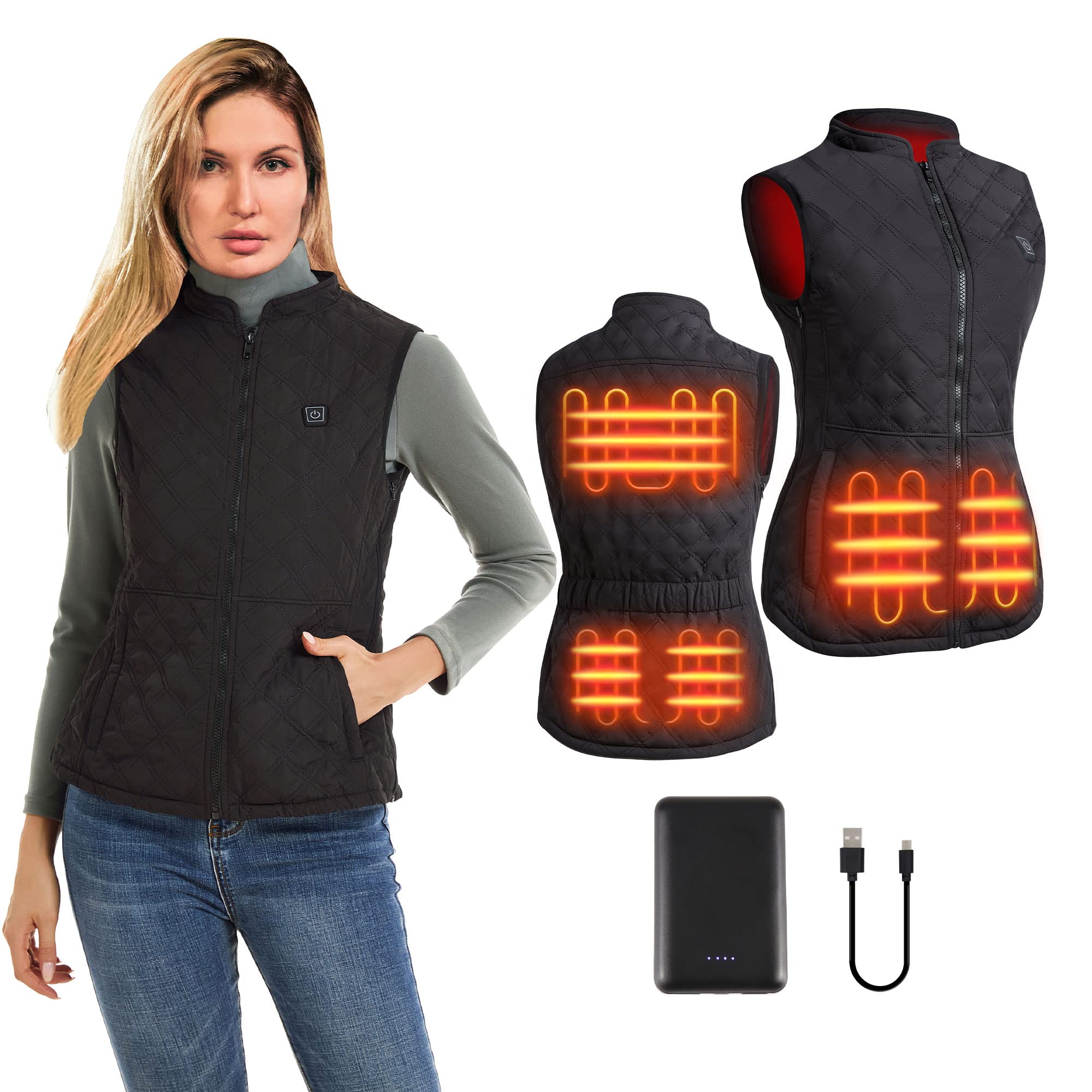 duo-nattern Heated Vest For Women USB Rechargeable Washable Heated Vest Black Skiing, Camping, Hikin