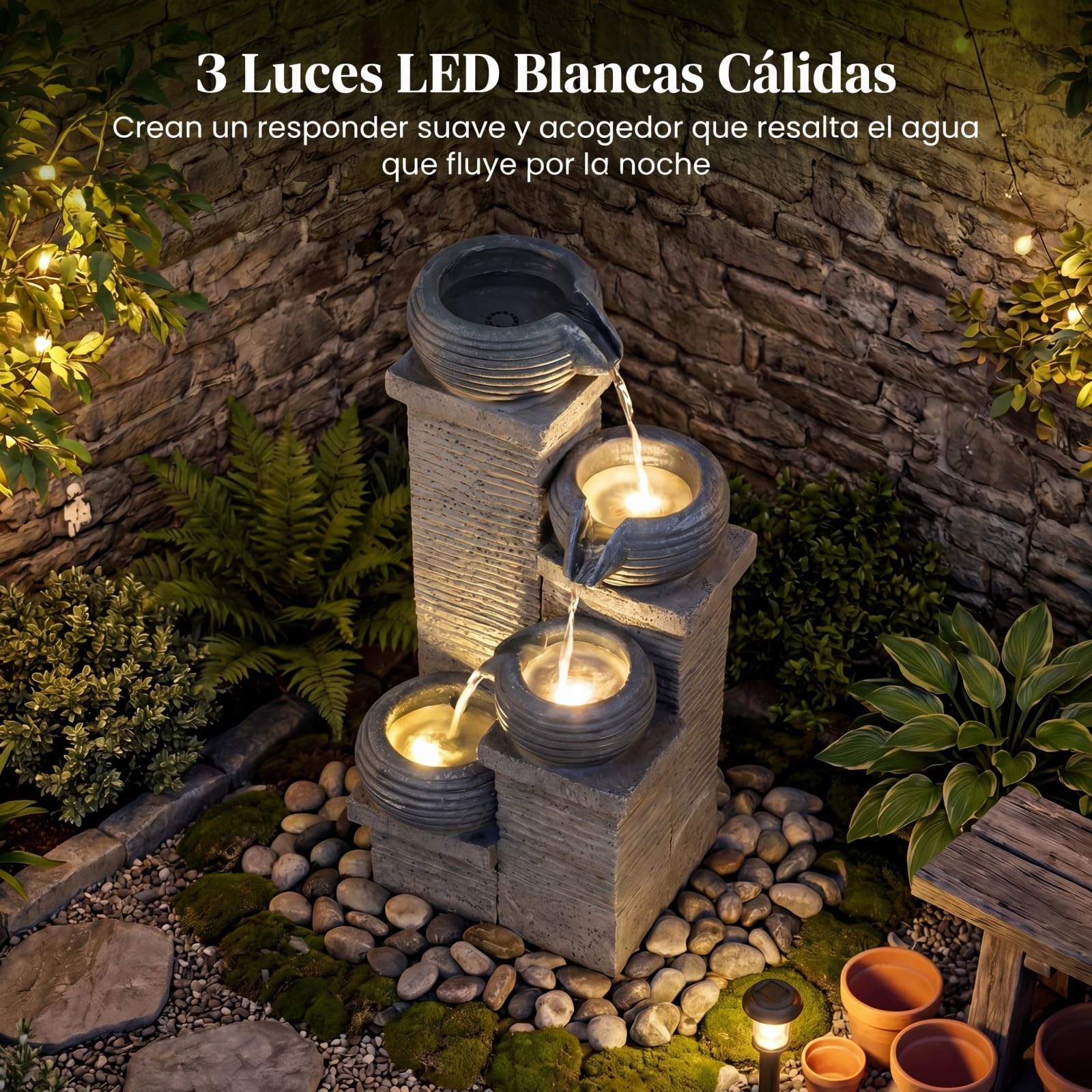COSTWAY Fuente de Agua Decorativa con Luz LED, Fuente de Jardín Cascada de 4 Niveles con Cuencos, Flujo Ajustable y Bomba, Decoración Zen Interior Exterior para Patio Hogar Oficina, 28 x 22 x 58 cm