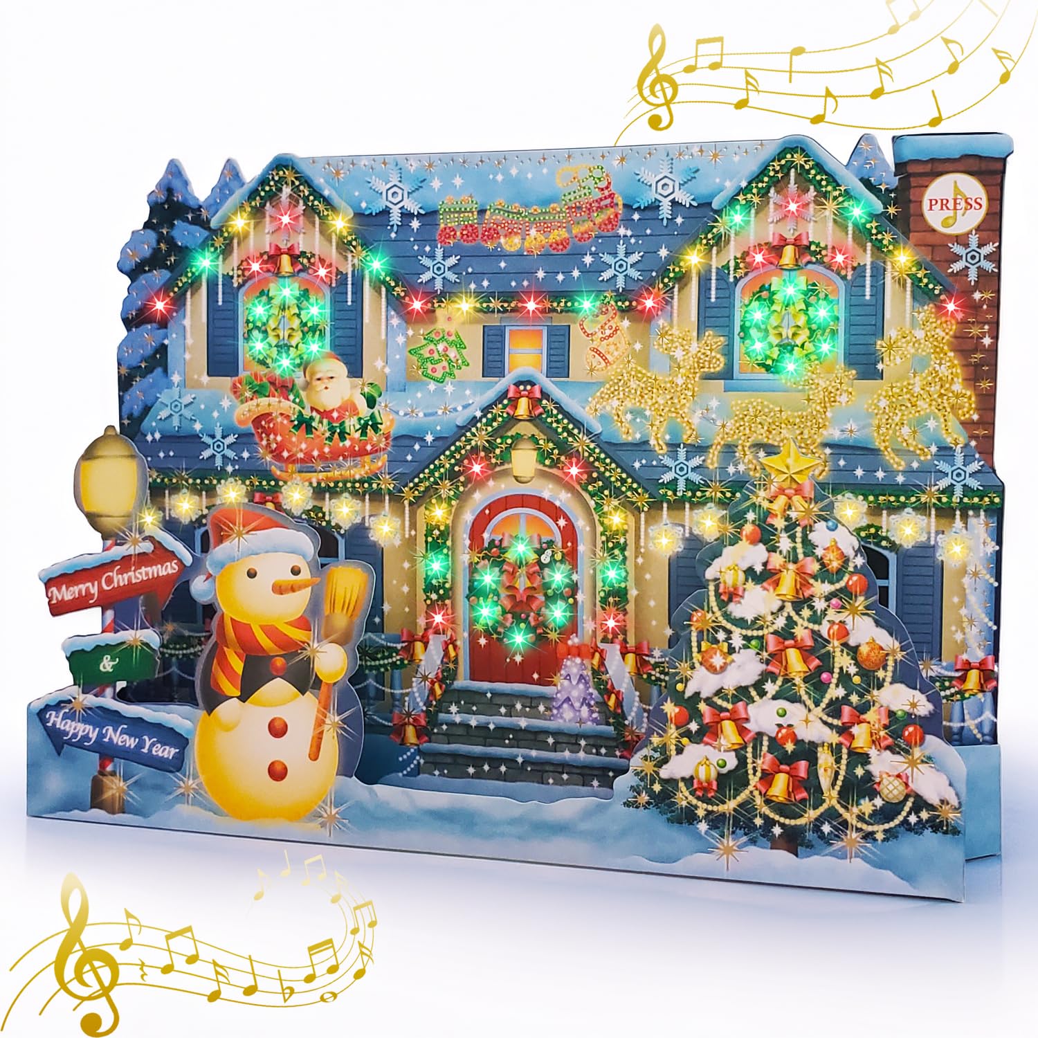 3D Christmas Pop-Up Card – Musical Light-Up Holiday Home with 59 LEDs, Plays 6 Songs, Replaceable Battery – Holiday Greeting Card Gift with Red Envelope