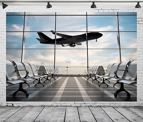 10x8ft Polyester Fabric Airport Terminal Backdrop Airplane Departure Lounge Window Photography Background Plane Party Decorations Pilot Birthday Banner Travel Theme Video Photo Shoot Props