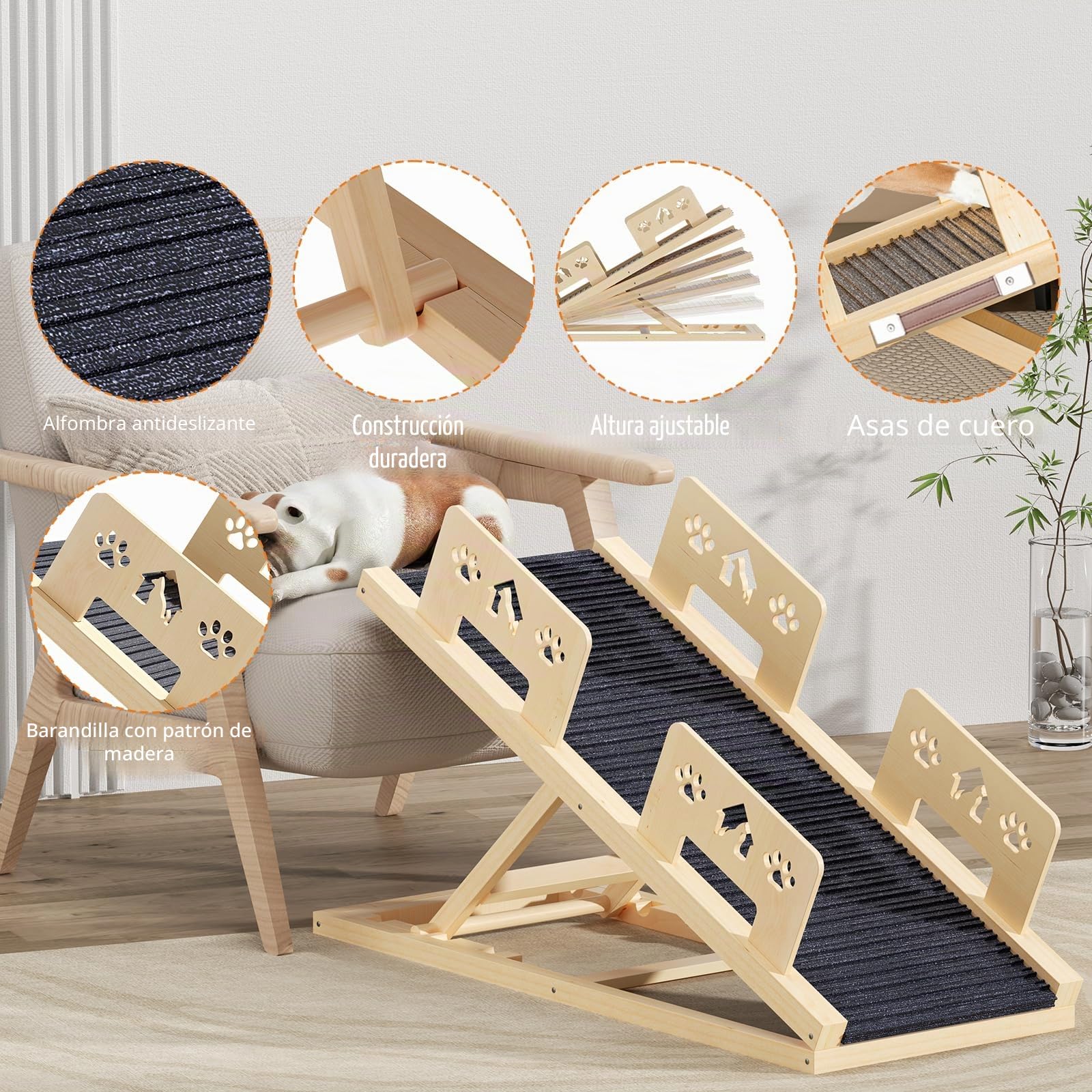 Rampa para perros, cama de 100 cm de largo con barandilla de seguridad, altura ajustable, escalera portátil para perros de madera con rampa antideslizante para cama, sofá, coche, viajes, pequeños