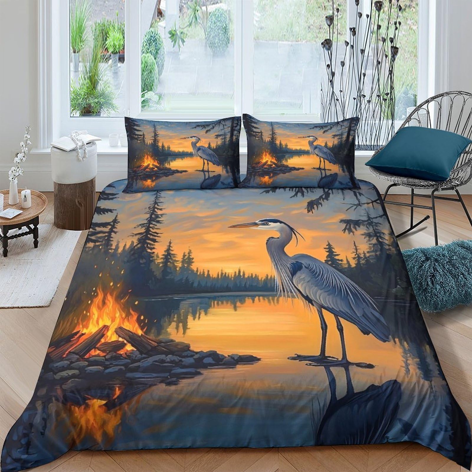 Ctjqhvkz Style-3 3D Printed Sunset Lake Fitted Sheet Microfiber Soft Water Bird Forest Mattress Cover Bedroom Decor Washable Single（135X200cm）