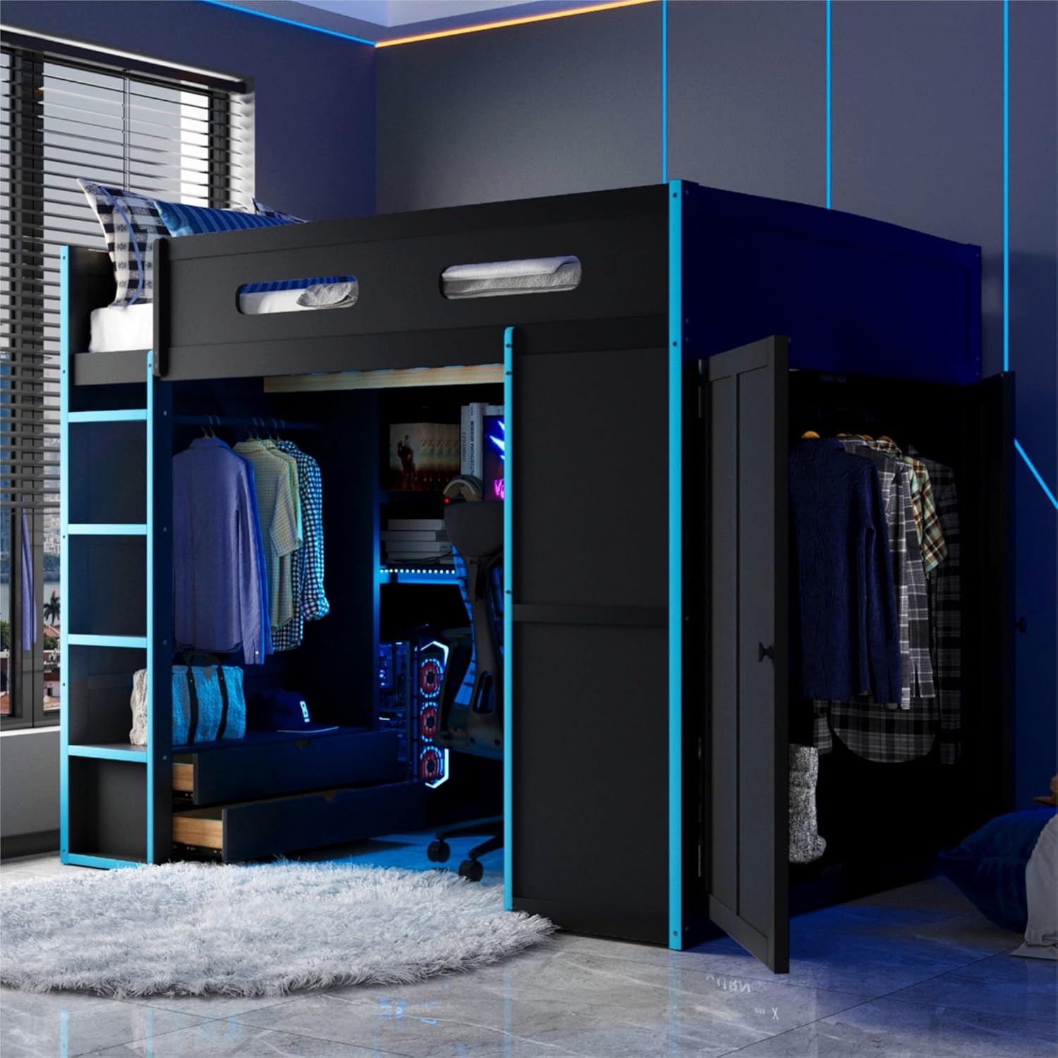 Gaming Bed with Desk,Wardrobe,Ample Storage Space,and RGB LED Light, Full Size Wood Loft Bed for Kids Bedroom (Cloud Blue/K)