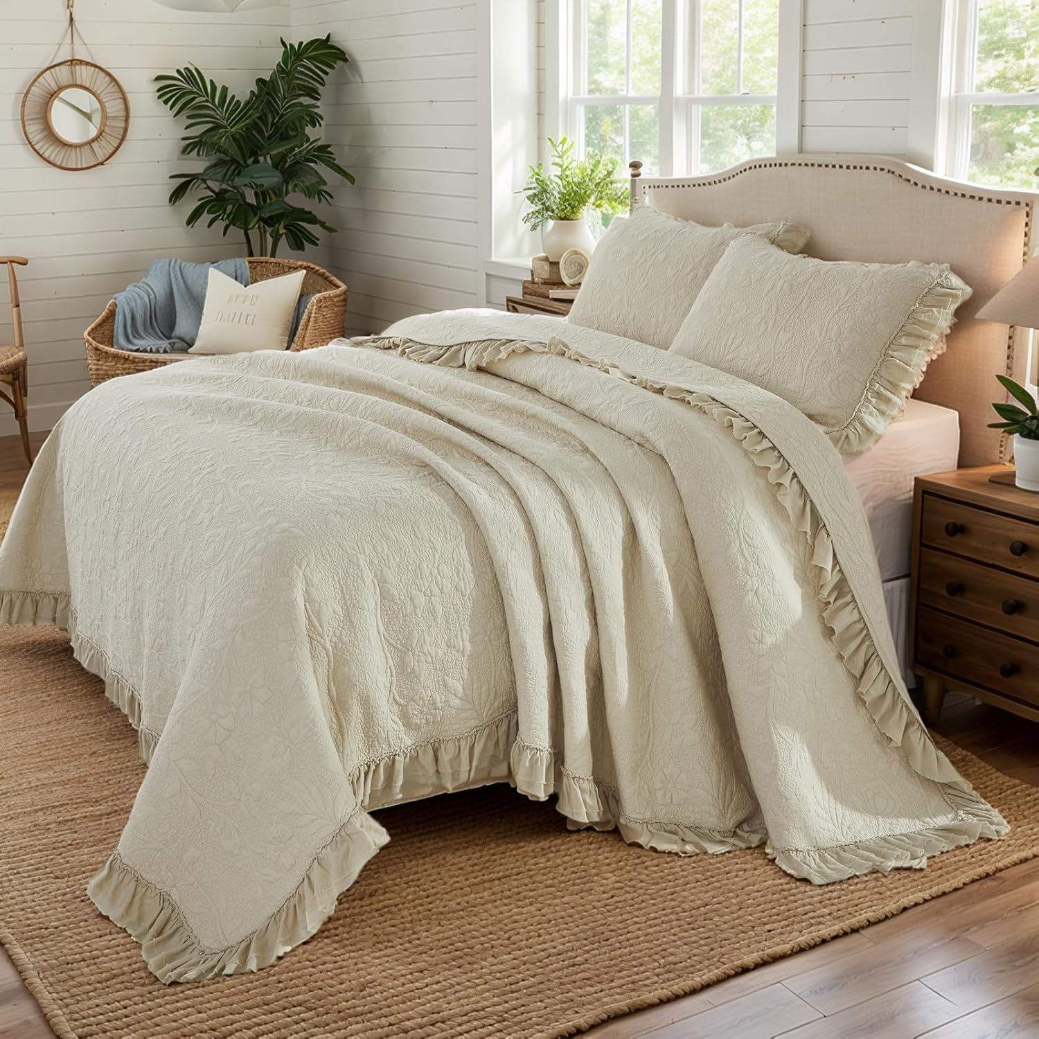 Brandream Queen Size Quilt Set Cotton Beige Quilts Floral and Vines Matelasse Coverlet Set Ruffle Bedspread 3-Piece - Image 2