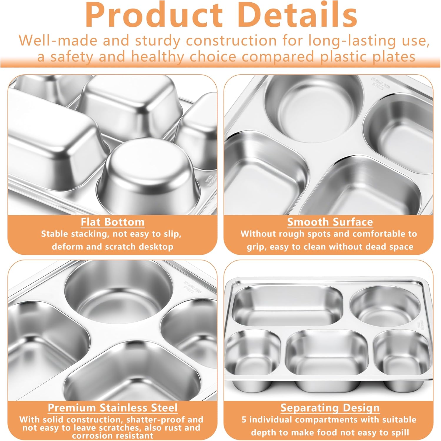 HaWare 3-Pack Stainless Steel Divided Plates Tray for Toddler Kids Adults, Rectangular Portion Control Dinner Plates with 5-Compartment, Metal Tray for Lunch Camping Dinner, Reusable Serving Platter - Image 3