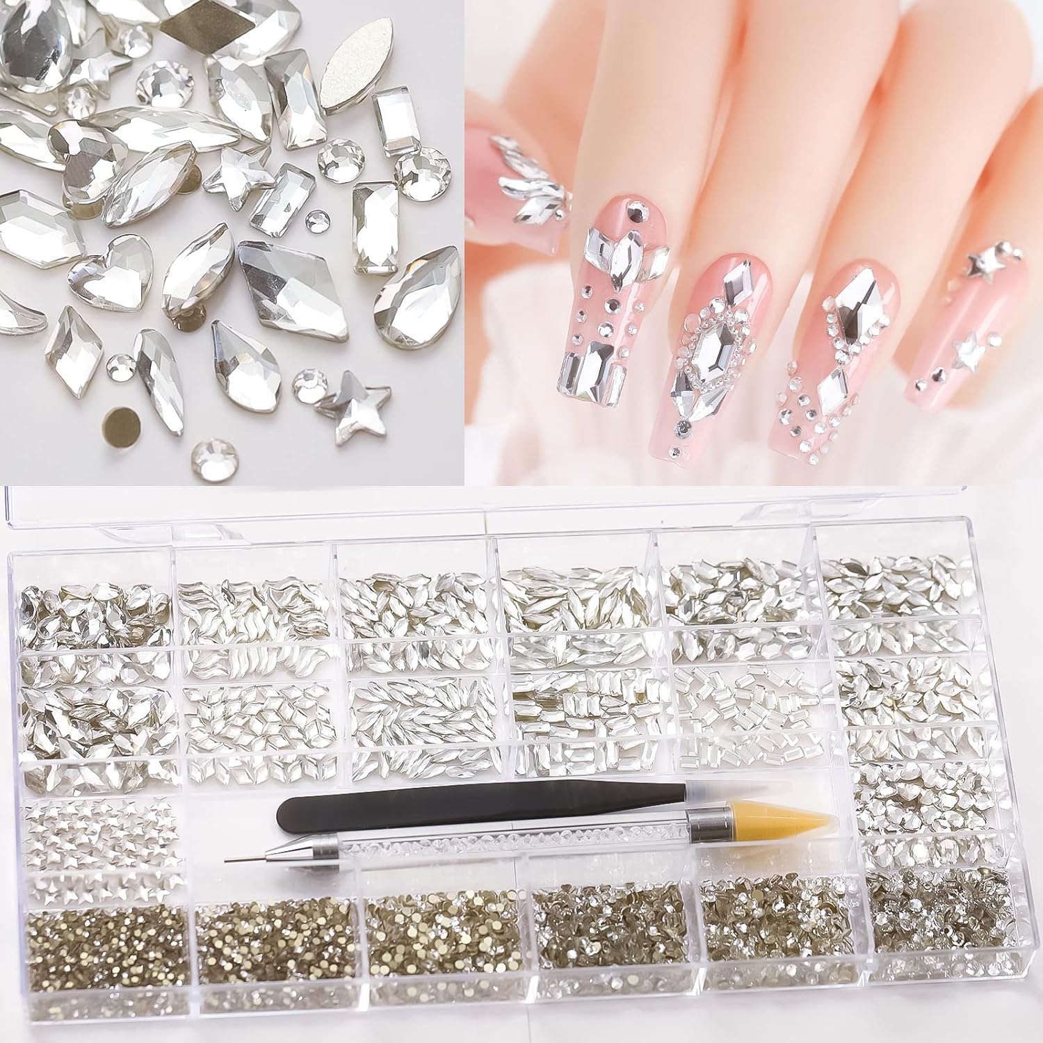 5500Pcs White Rhinestones For Nails White Crystal Round Beads Flatback Glass Stones Multi Shapes 3D Crystals