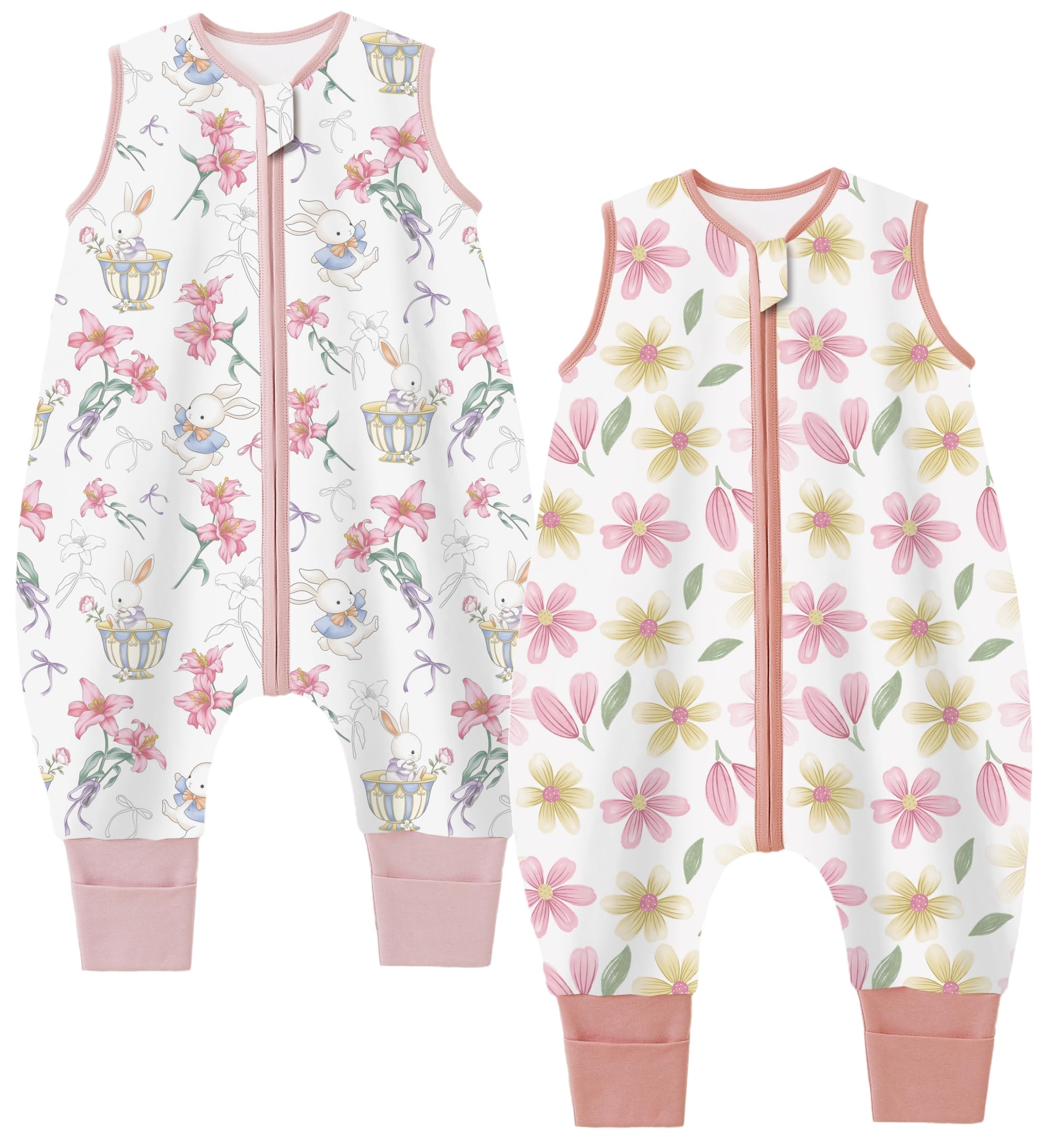 Teechodina Baby Schlafsack mit Füßen 2er Pack 100% Baumwolle 1.5 Tog Kinder Ganzjahres Schlafsack mit Beinen für Jungen Mädchen