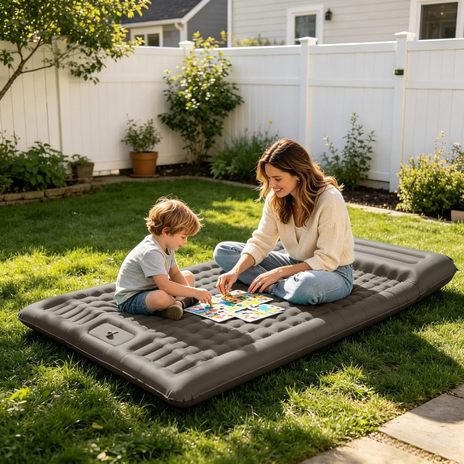 Self Inflating Camping Lounge Mat with Built-in Foot Pump, Ultralight Sleeping Pad, Thick Air Mattress for Backpacking, Travel, Tent, Beach & Outdoor Relaxation (Grey-Double)